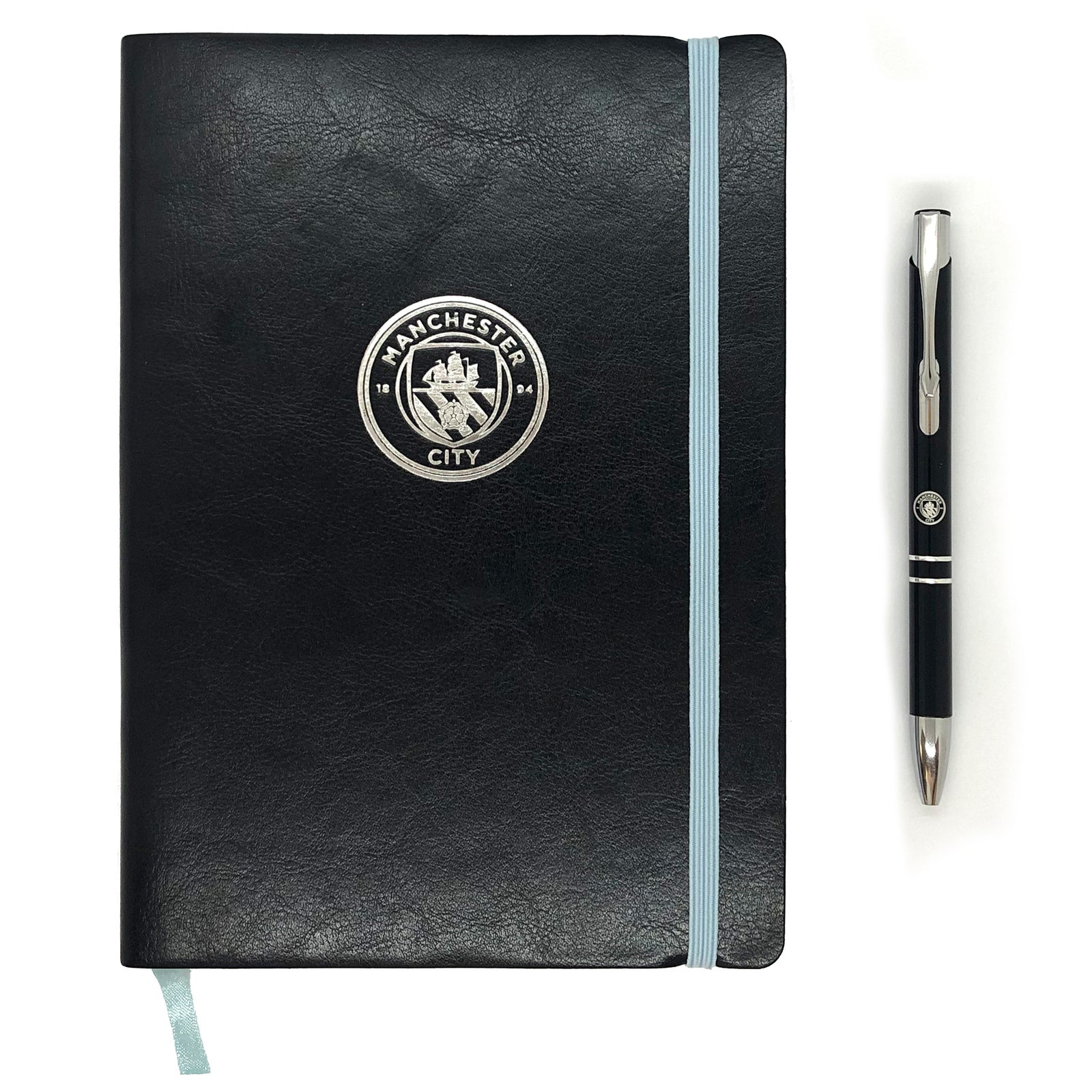 Man City notebook & pen in black with silver foil crest in club design gift box.