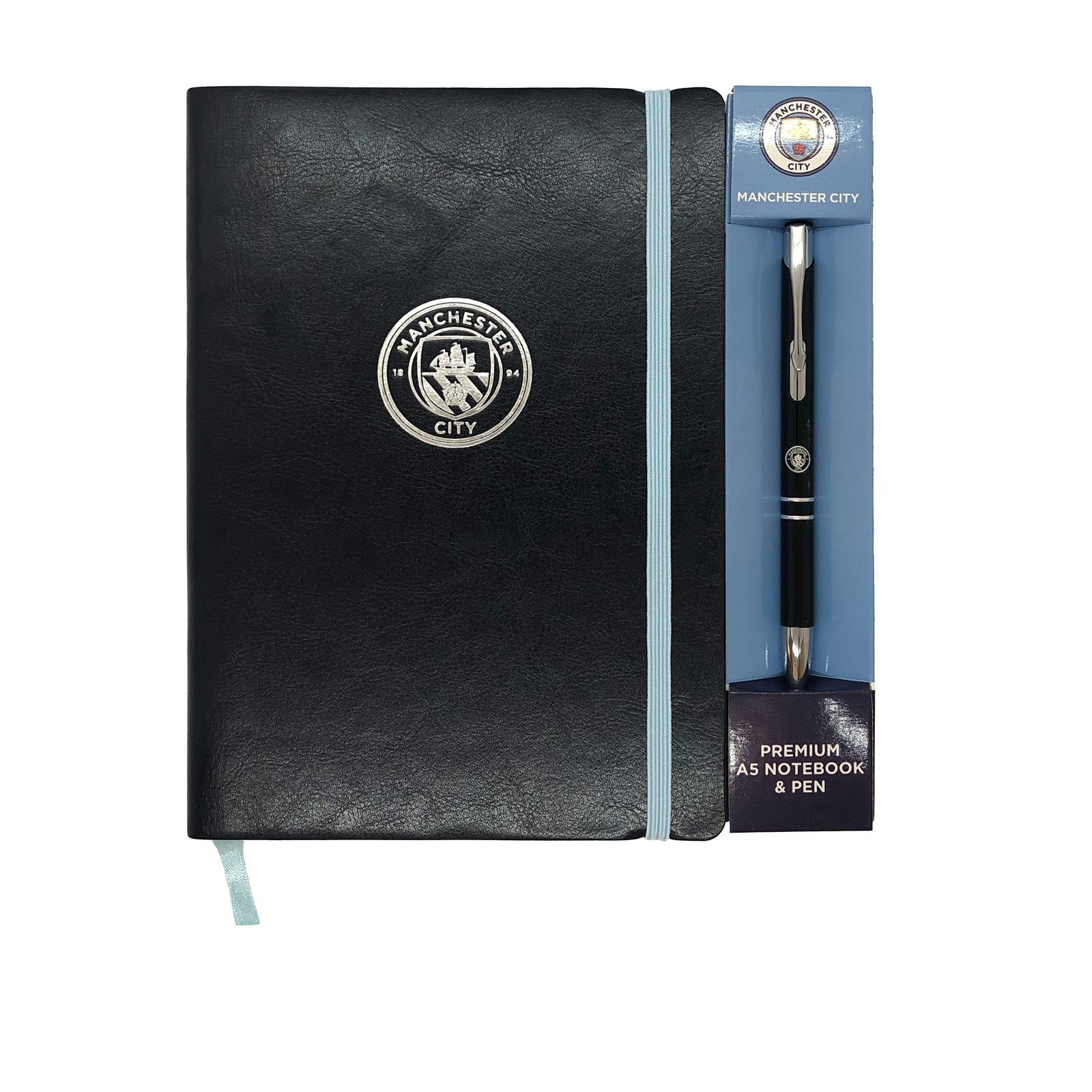 Man City notebook & pen in black with silver foil crest in club design gift box.