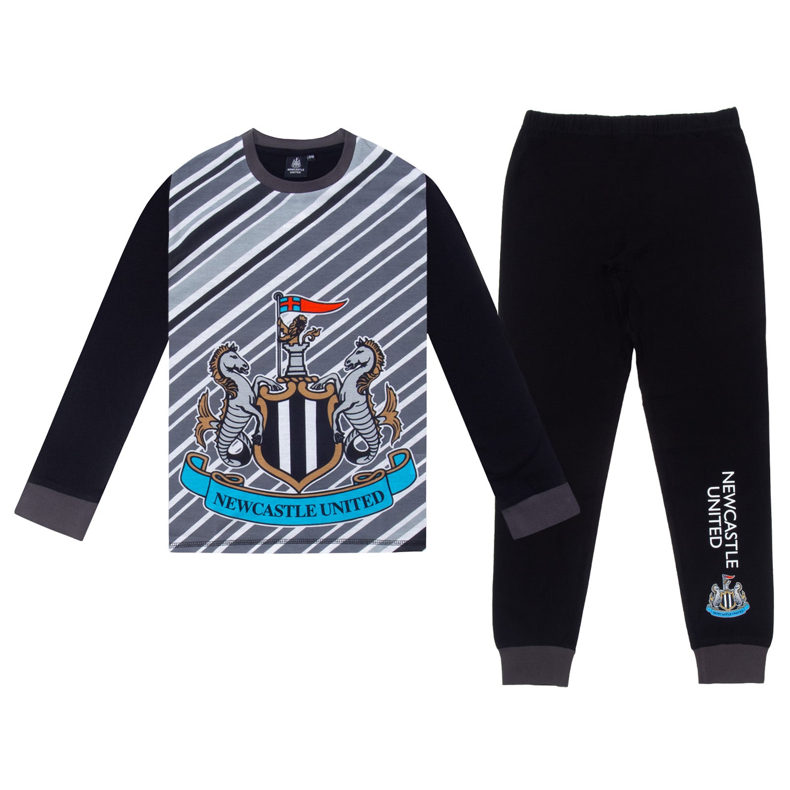 Newcastle Utd kids long pyjamas in black with long sleeve top with graphic crest with long legged bottoms