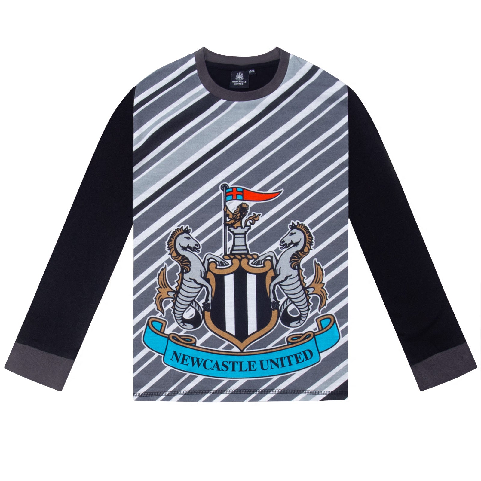 Newcastle Utd kids long pyjamas in black with long sleeve top with graphic crest with long legged bottoms