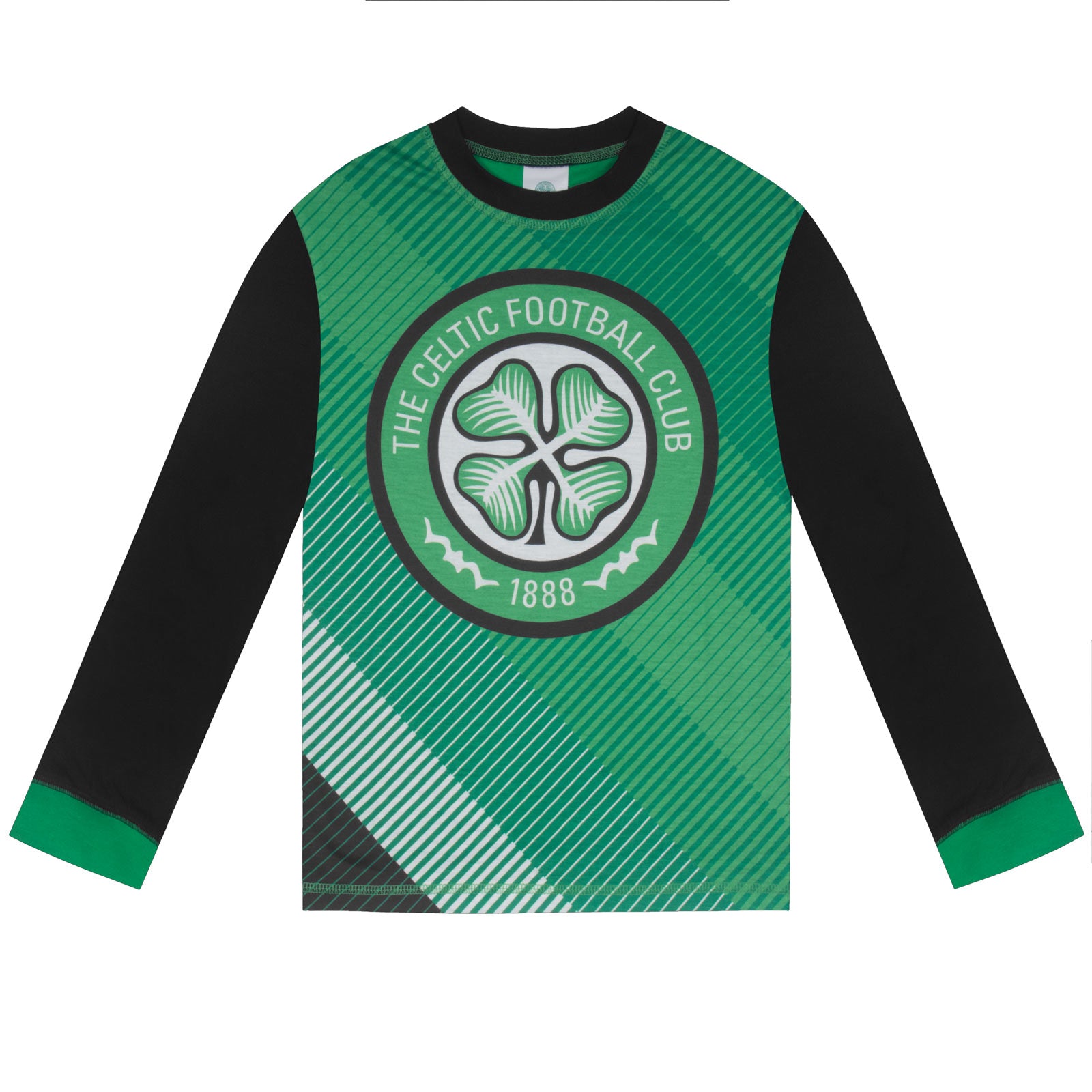 Celtic kids long pyjamas in black & grey. Long sleeve top with graphic and club crest. Long legged bottoms with crest.