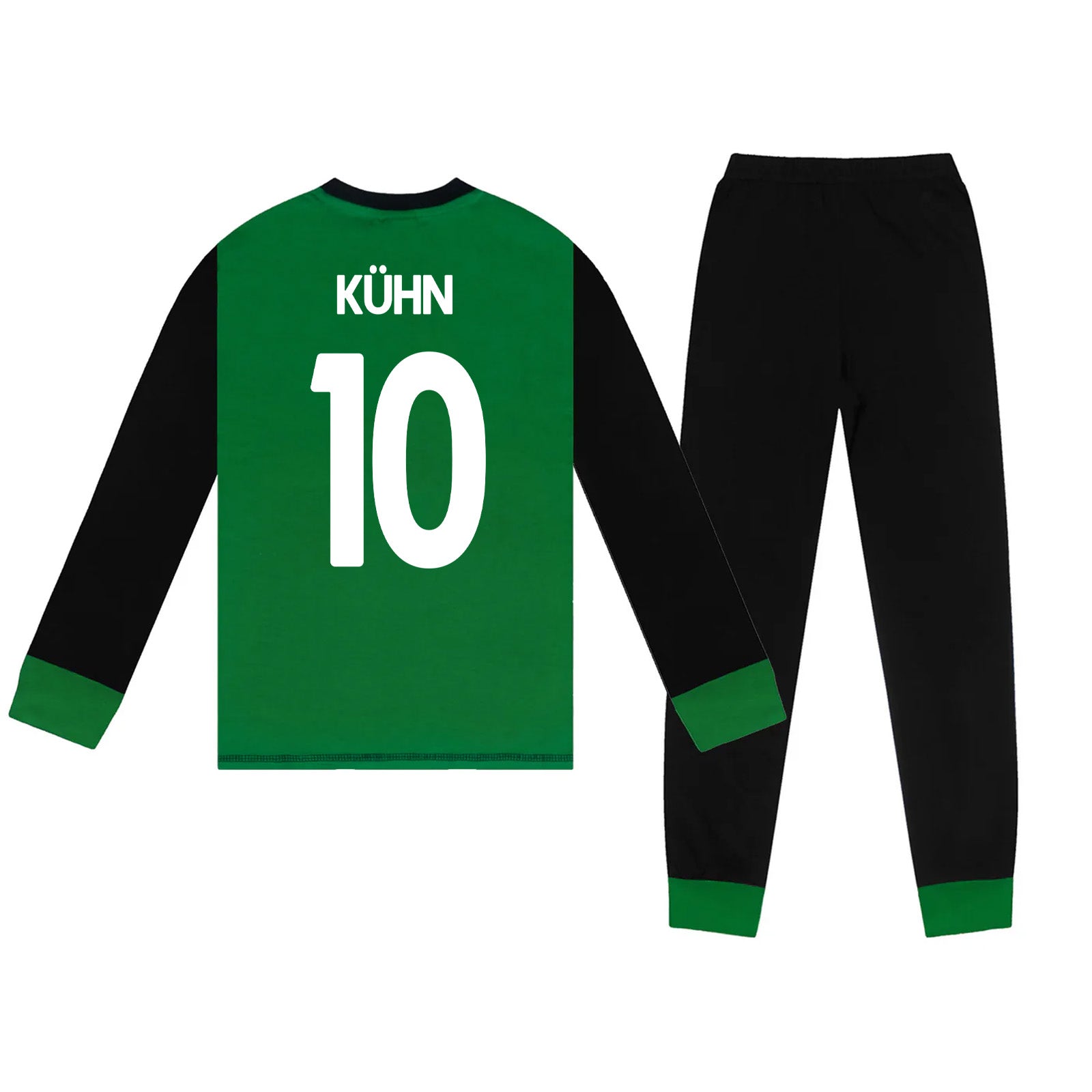 Celtic kids long pyjamas in green. Long sleeve top with graphic and club crest. Long legged bottoms with crest.