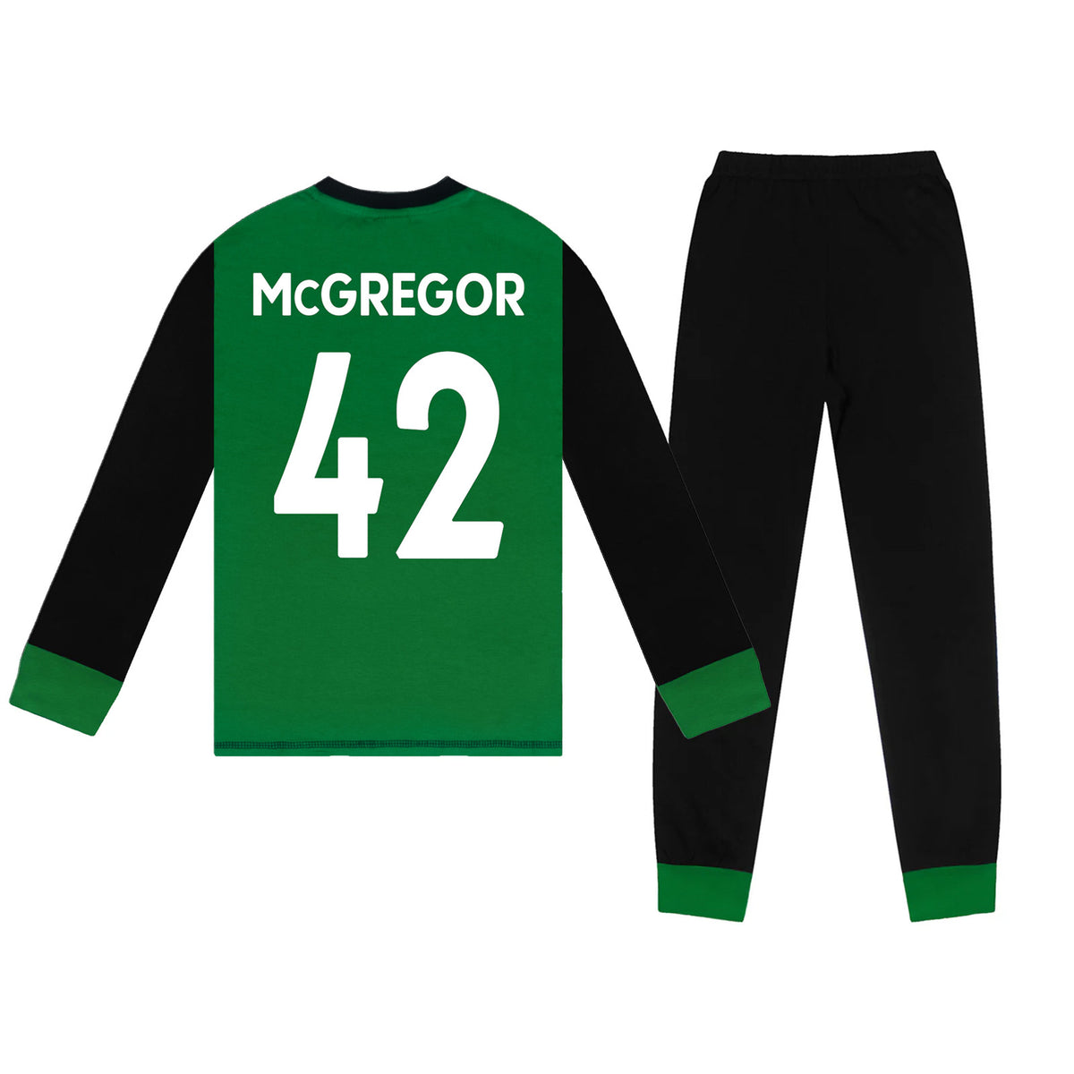 Celtic kids long pyjamas in green. Long sleeve top with graphic and club crest. Long legged bottoms with crest.