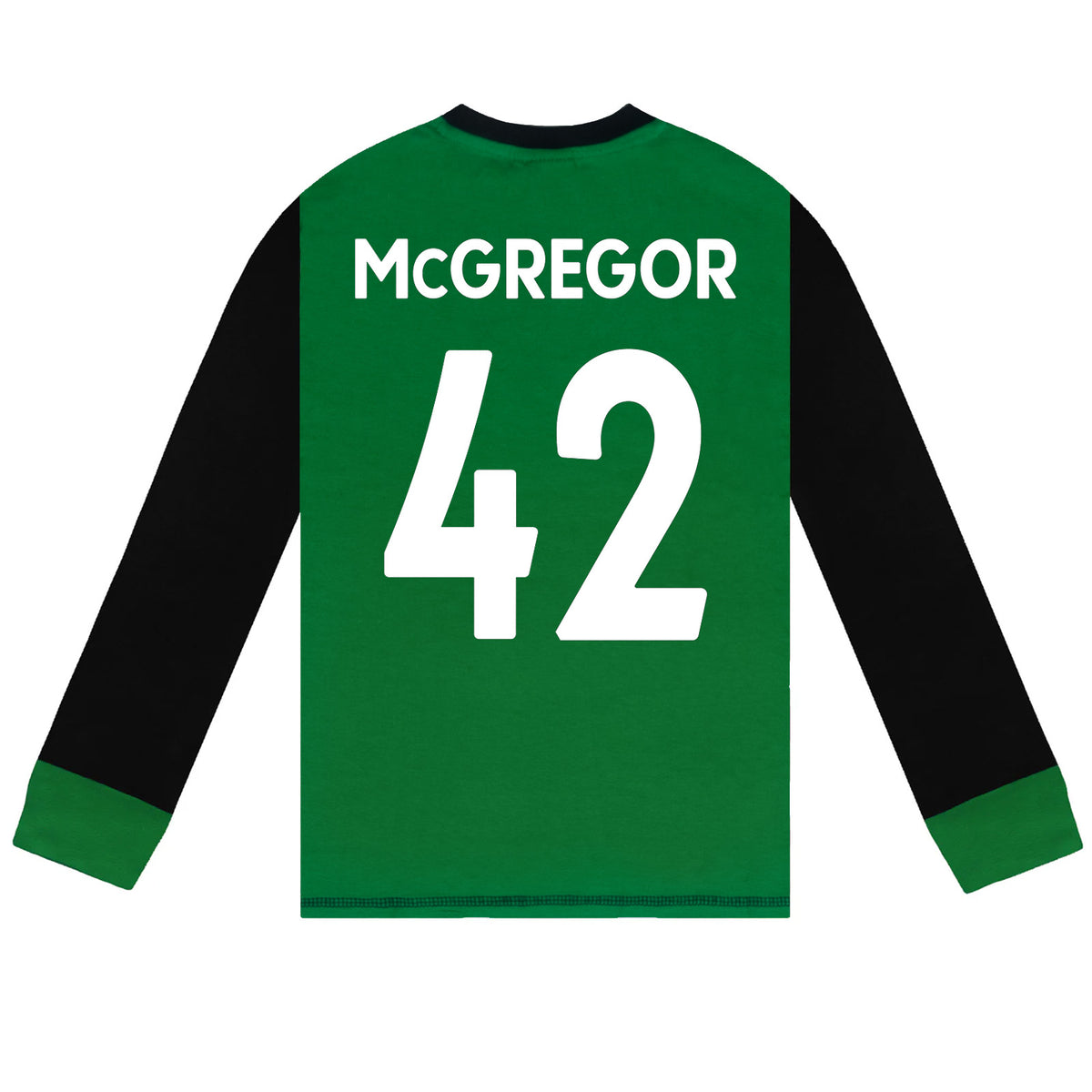 Celtic kids long pyjamas in green. Long sleeve top with graphic and club crest. Long legged bottoms with crest.