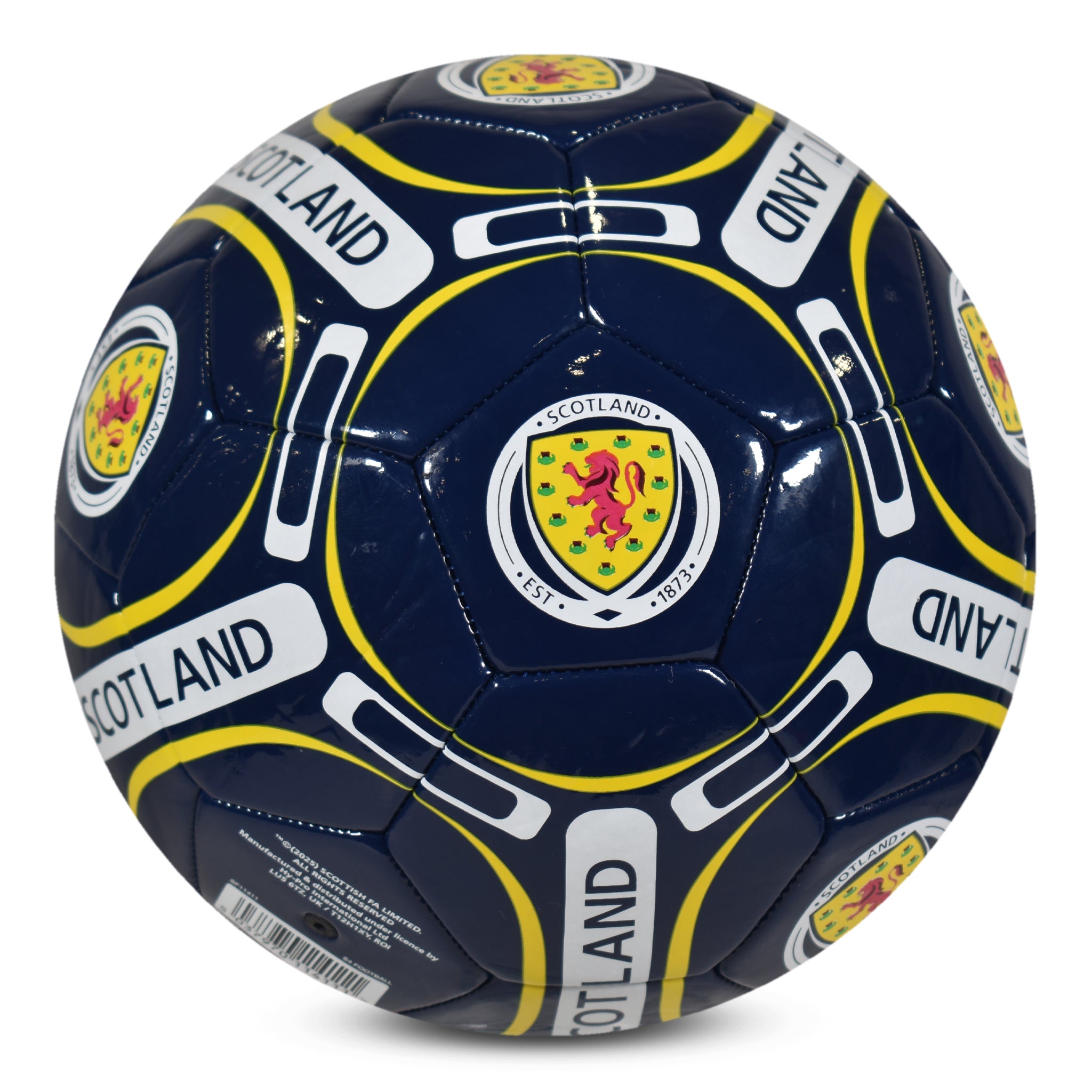 Scotland size 4 navy & yellow football with Scotland FA crest & text.