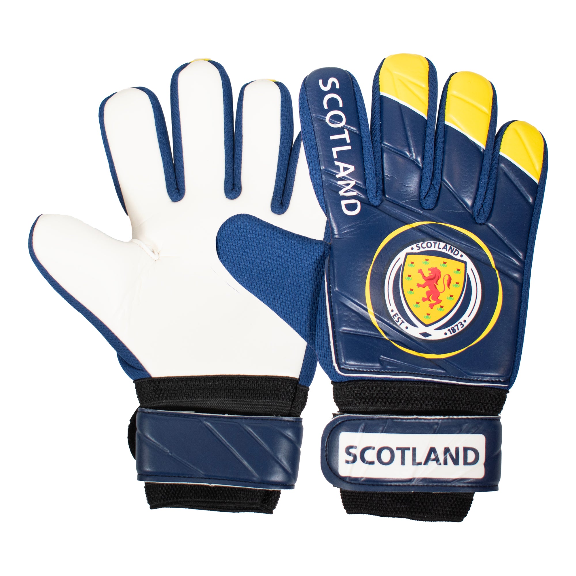Scotland navy blue goalkeeper gloves with Scotland crest & text print to each glove