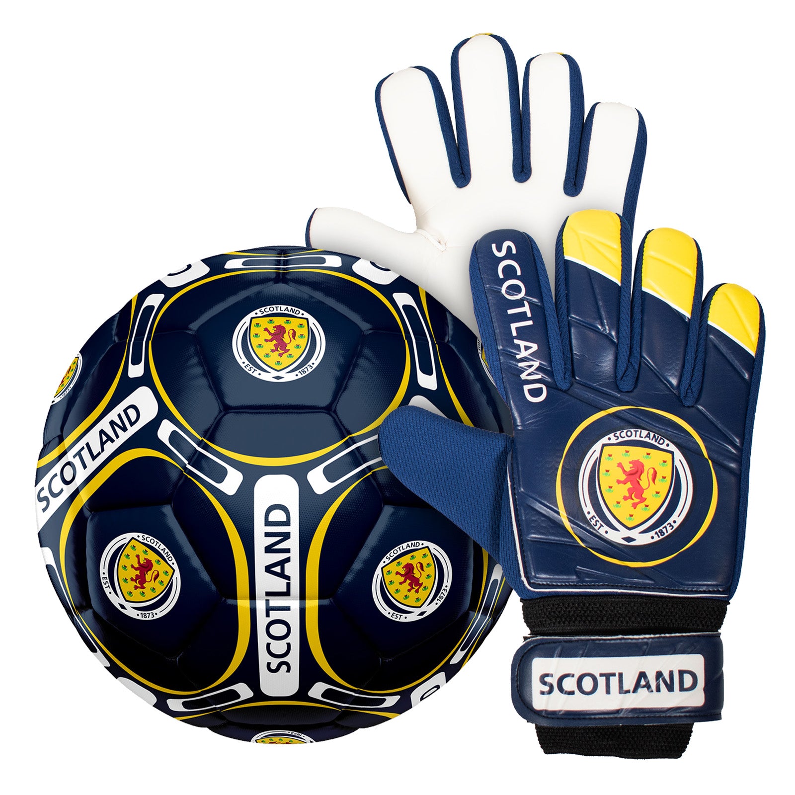 Scotland FA size 4 navy blue ball with Scotland crest print to football and each glove.