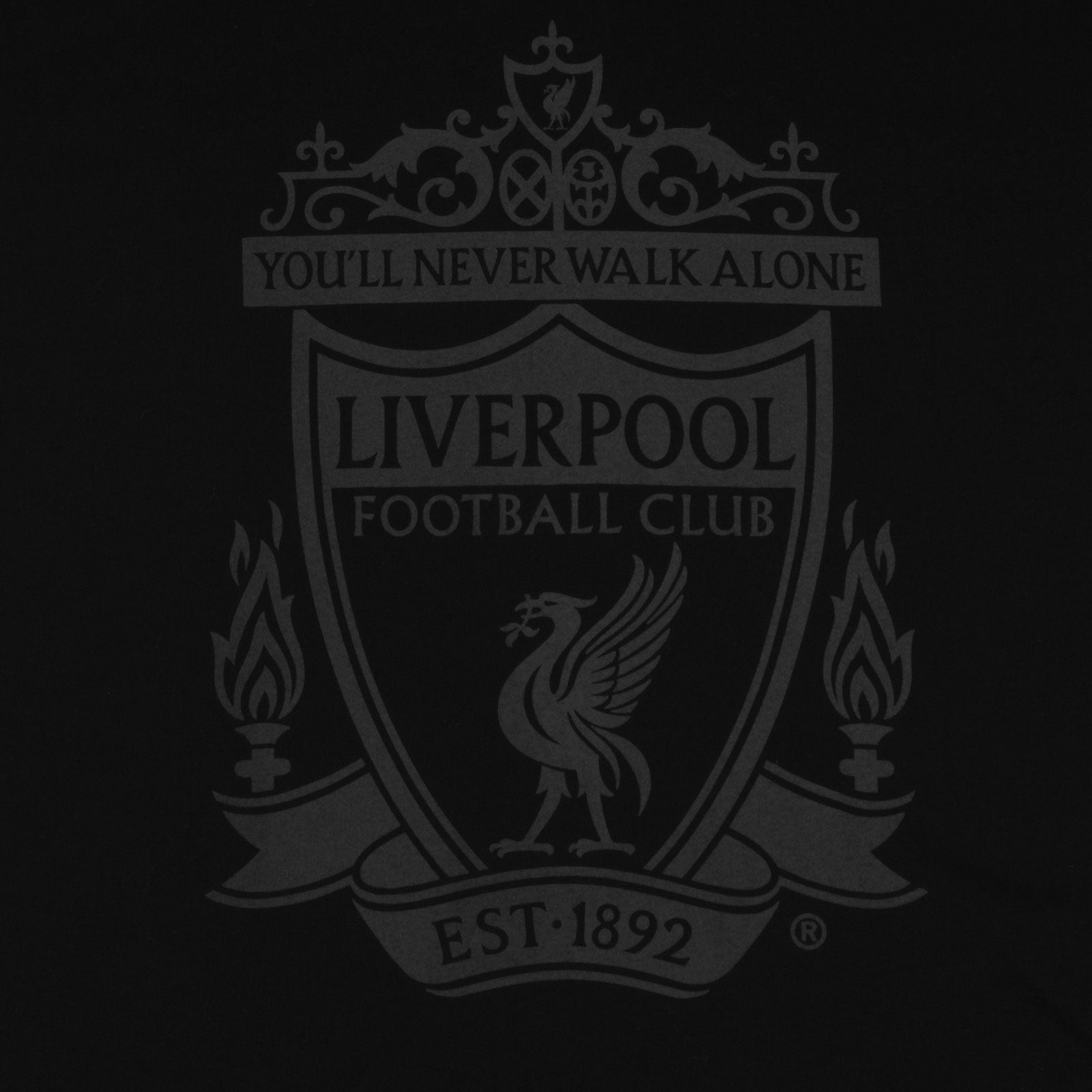 Liverpool adults graphic T-shirt in black with large club crest and YNWA graphic print to front.