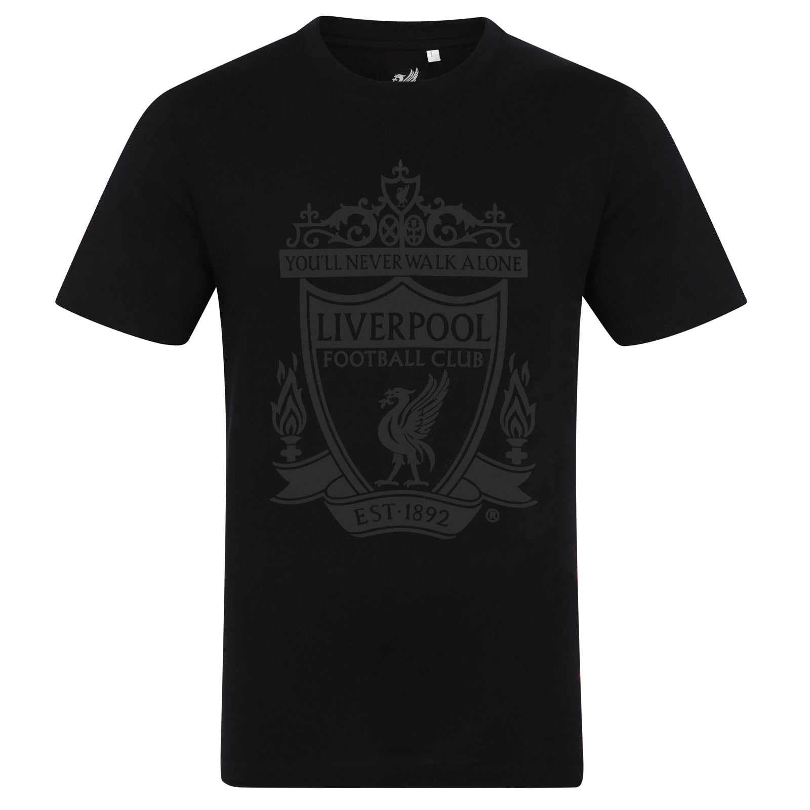 Liverpool adults graphic T-shirt in black with large club crest and YNWA graphic print to front.