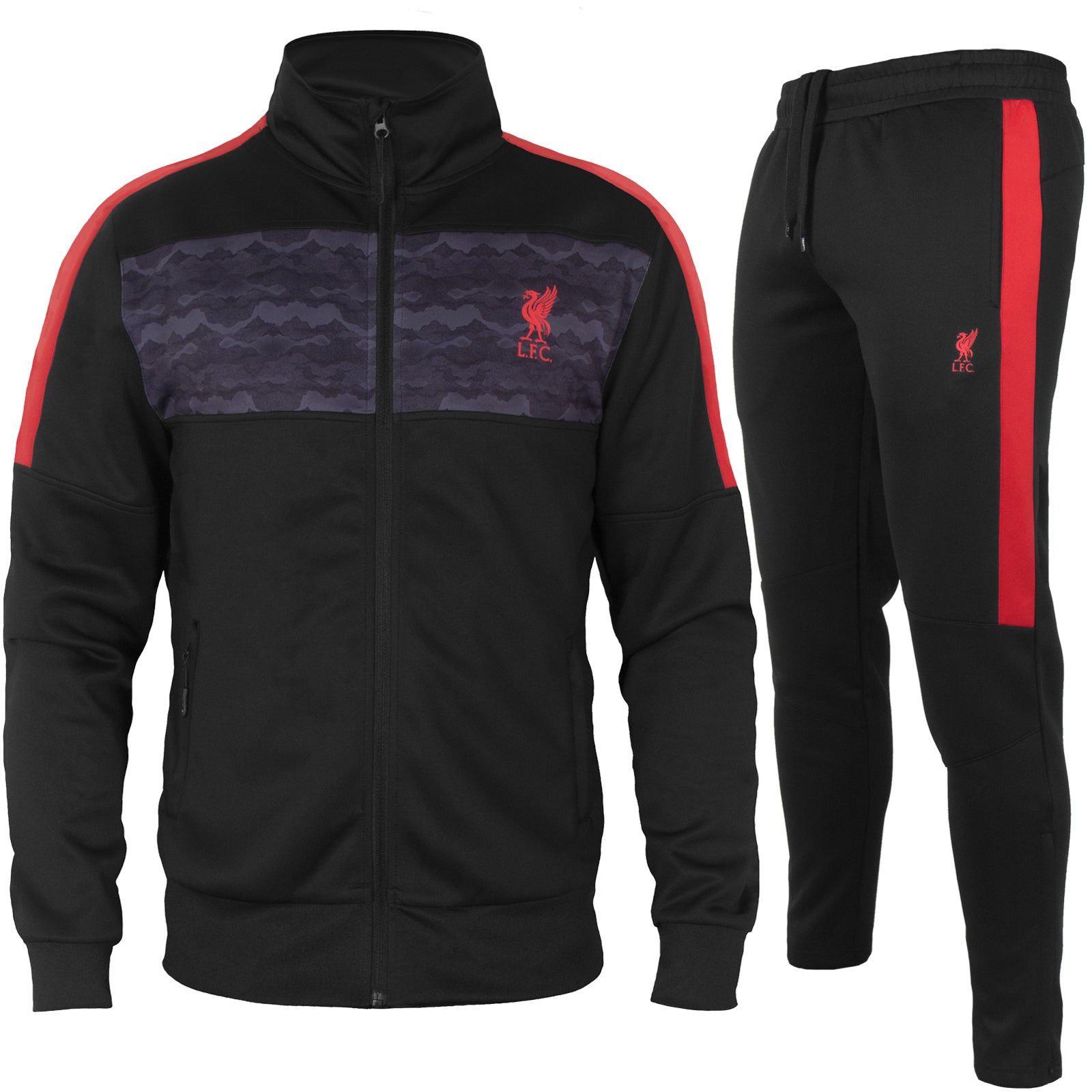 Liverpool adults tracksuit in black with club crest to chest and left thigh