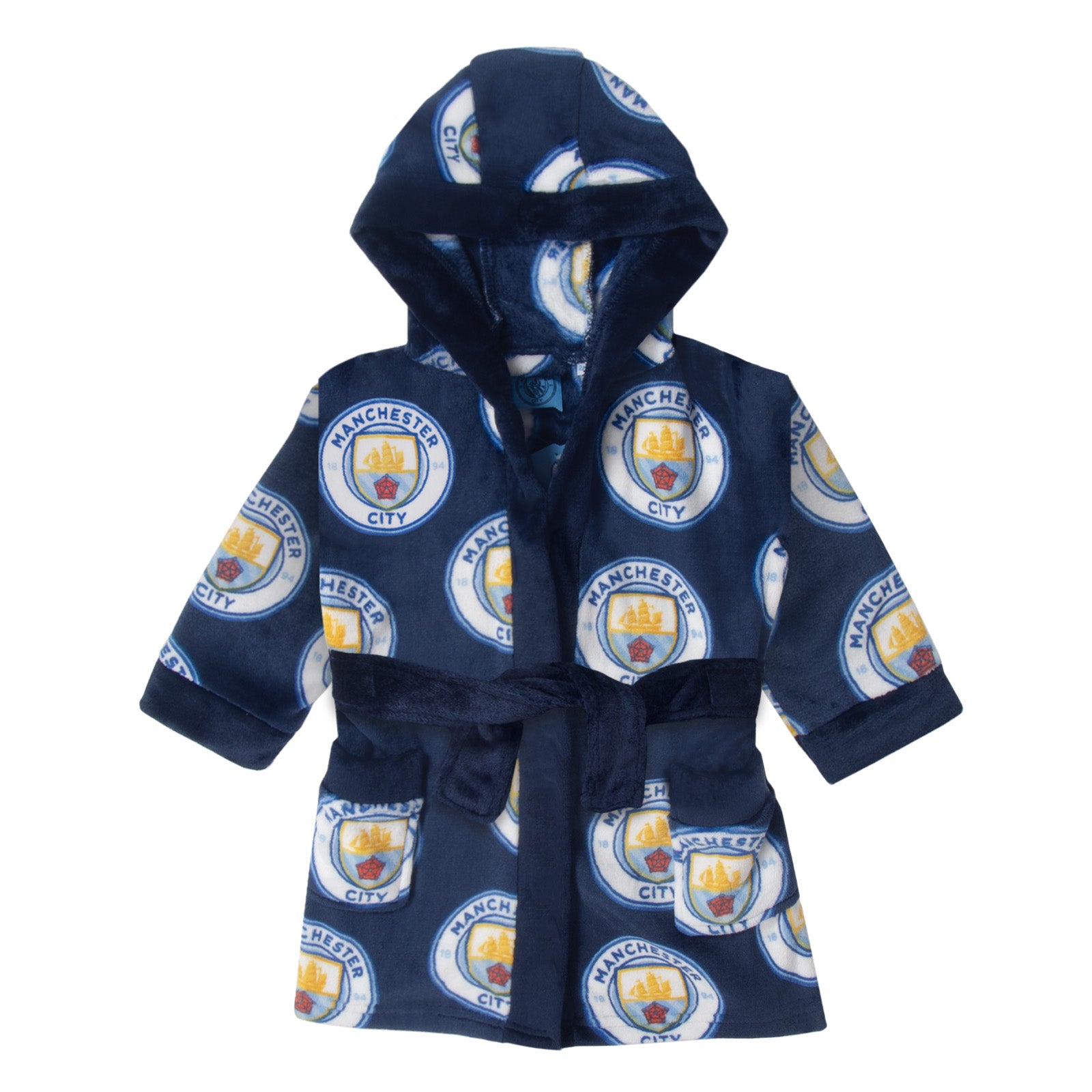 Man City baby's hooded dressing gown in all over crest print