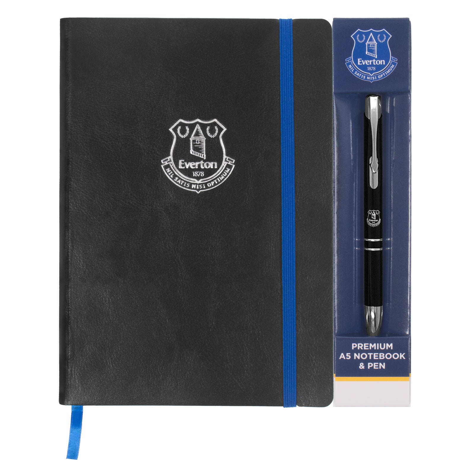 Everton notebook & pen in black with silver foil crest in club design gift box.