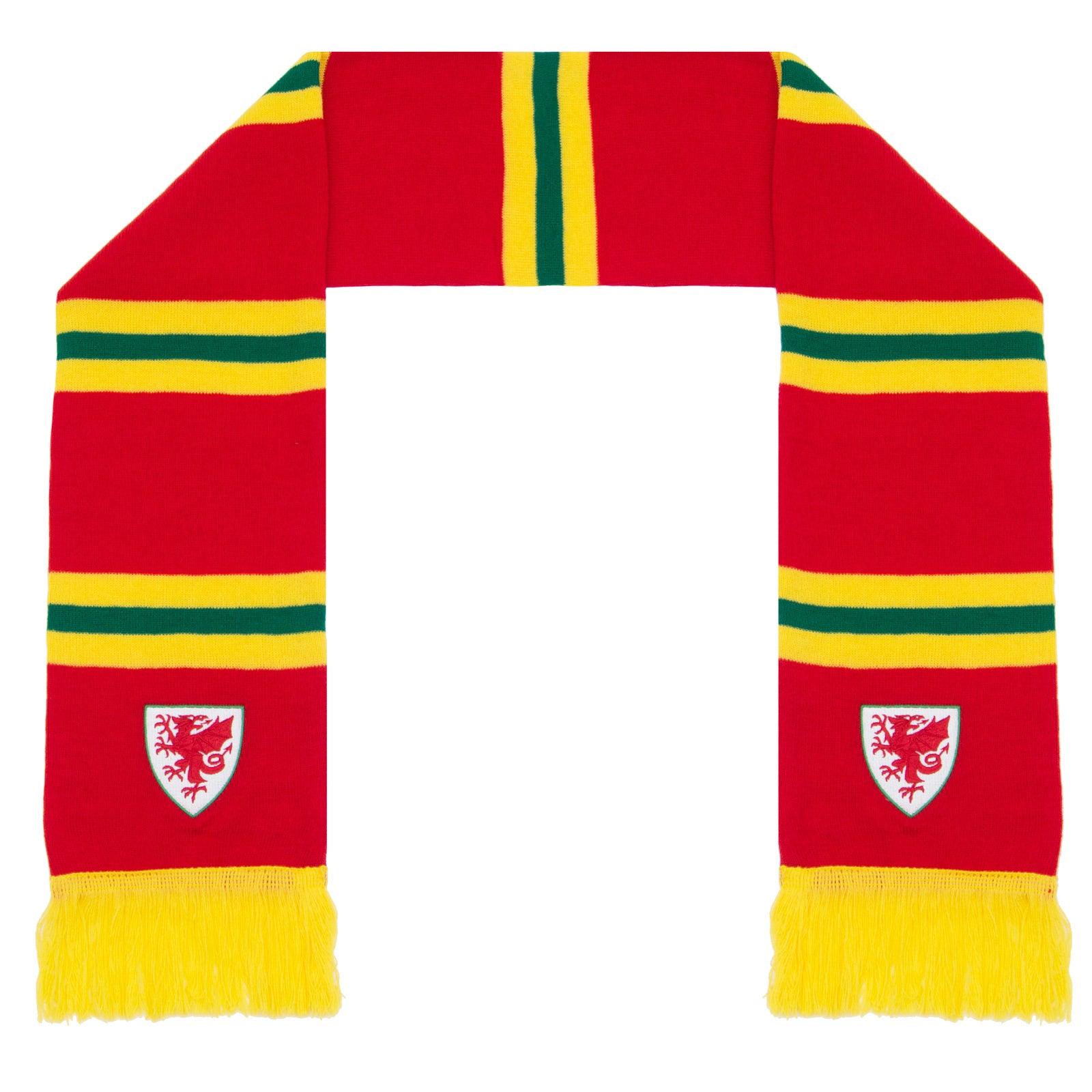 Official Wales FA retro bar scarf in red, yellow & green with Wales crest and fringe to each end