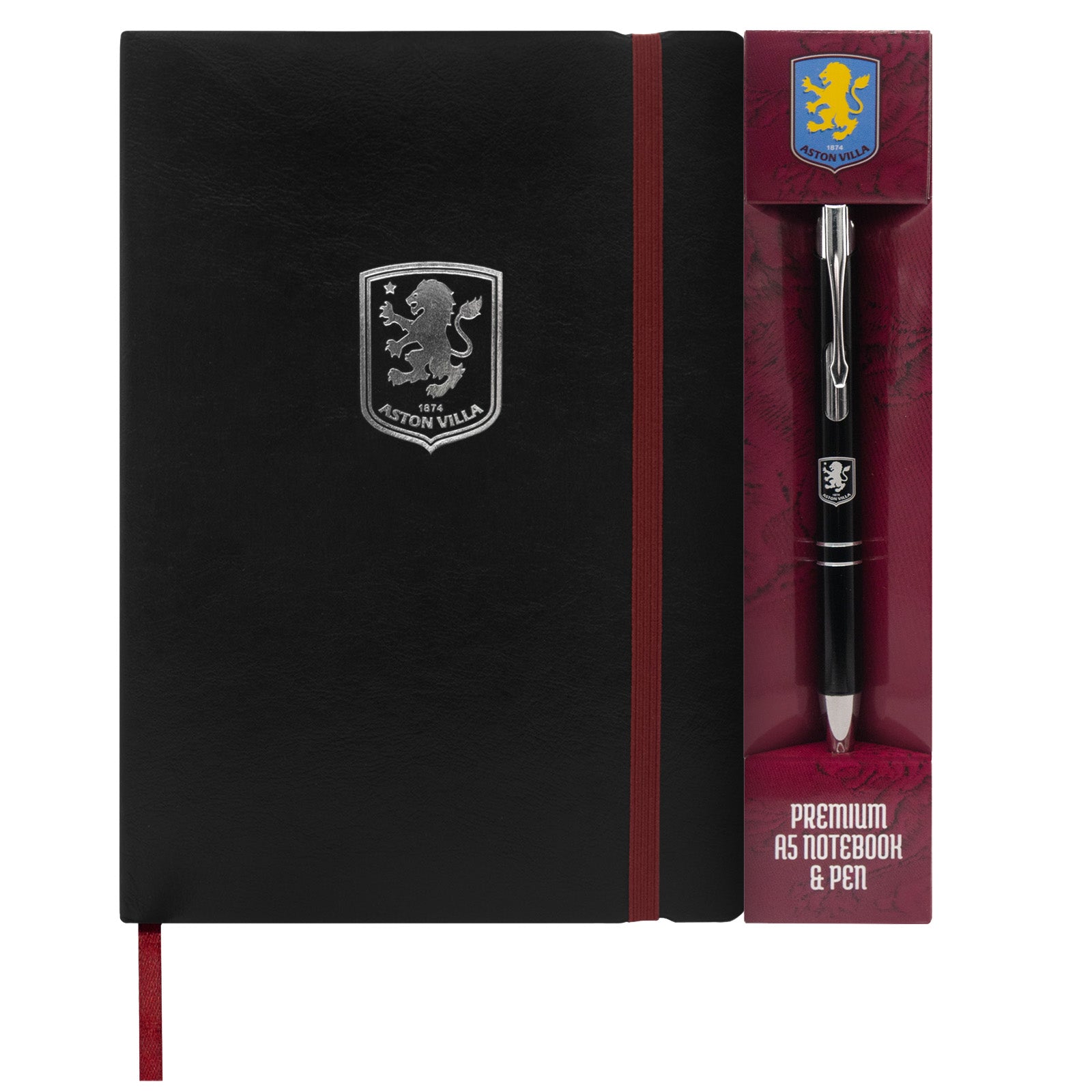 Aston Villa notebook & pen in black with silver foil crest in club design gift box.