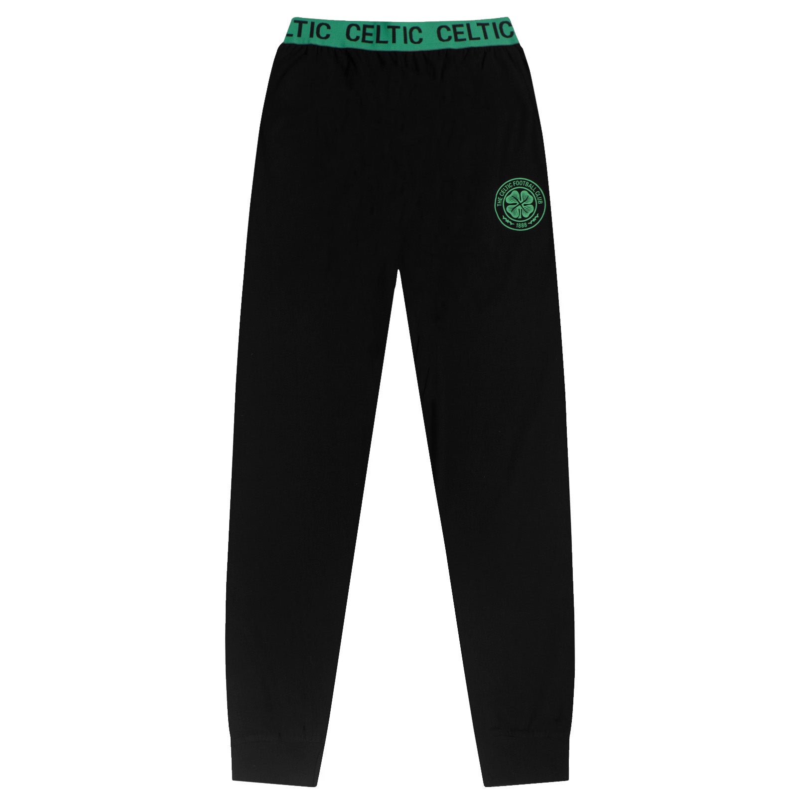 Celtic adults long pyjamas in black and green. Short sleeve top featuring club crest to chest. Long bottoms with club crest to leg and CELTIC text on the waistband