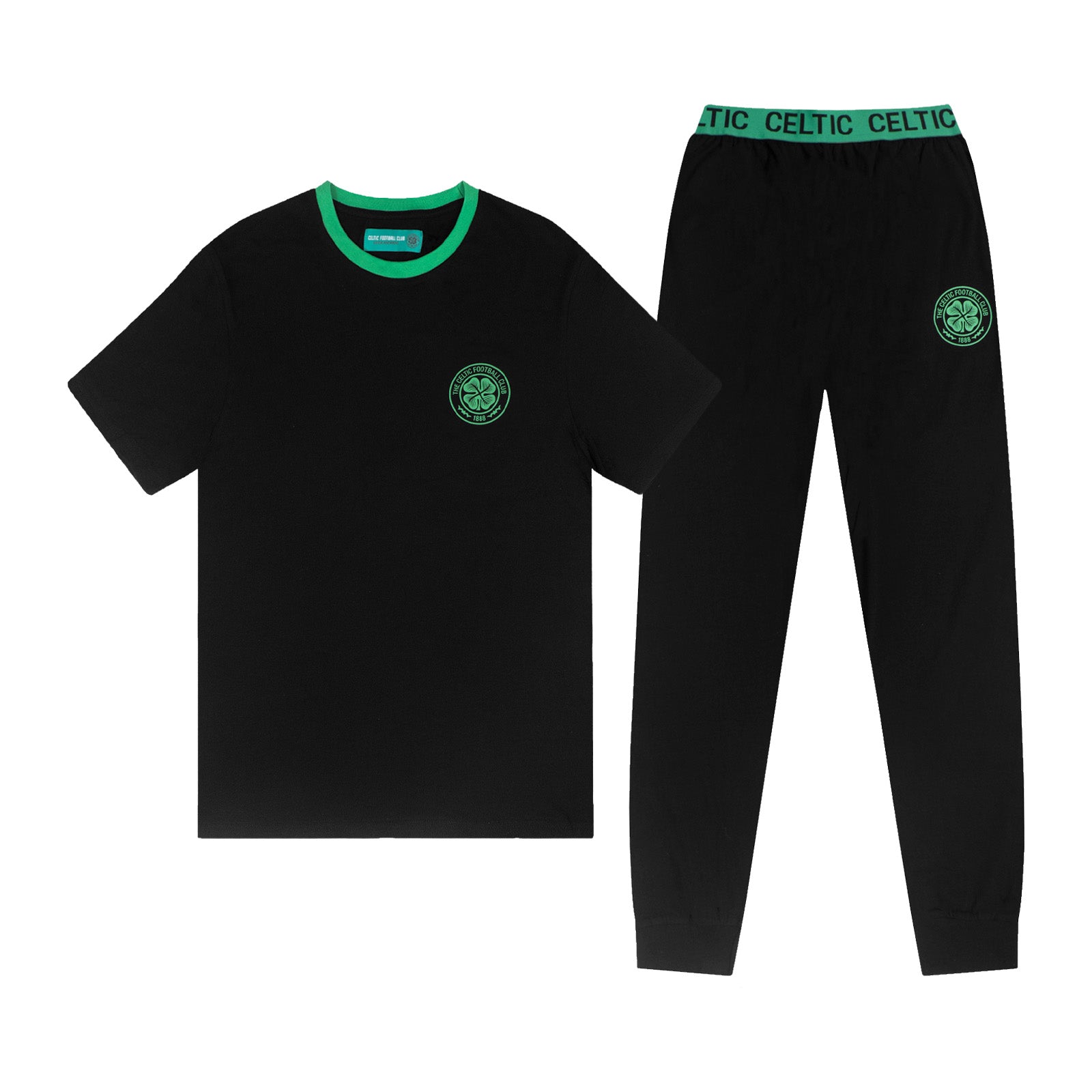 Celtic adults long pyjamas in black and green. Short sleeve top featuring club crest to chest. Long bottoms with club crest to leg and CELTIC text on the waistband