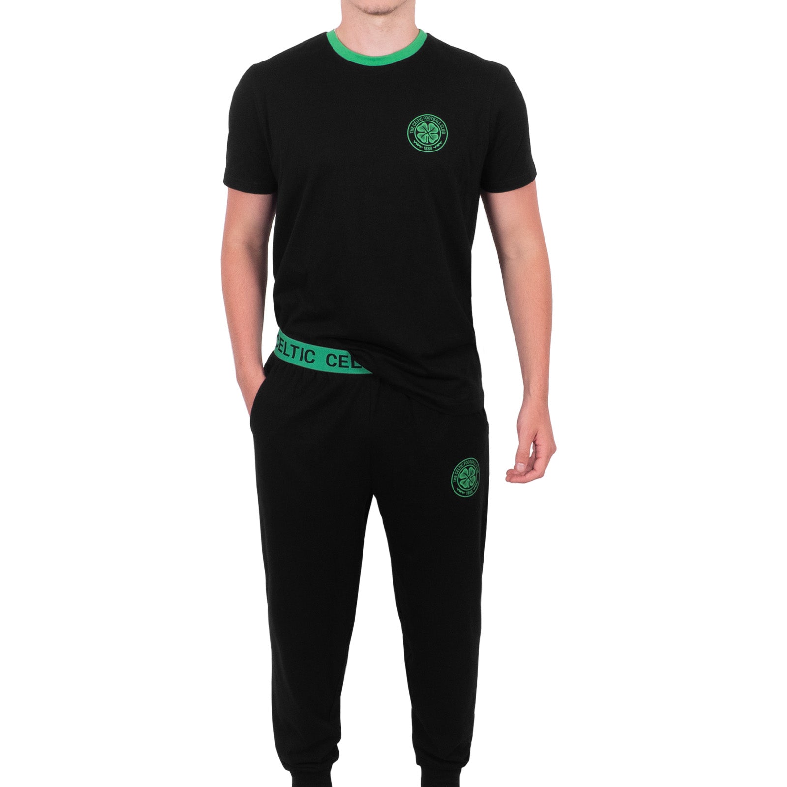 Celtic adults long pyjamas in black and green. Short sleeve top featuring club crest to chest. Long bottoms with club crest to leg and CELTIC text on the waistband