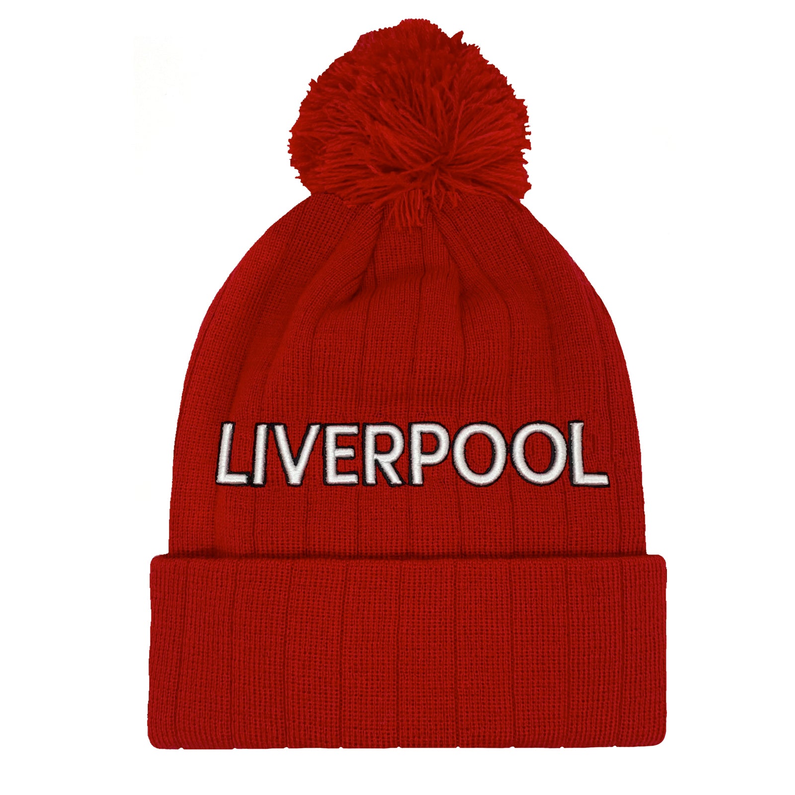 Liverpool retro bobble hat in classic red with Liverpool text to front