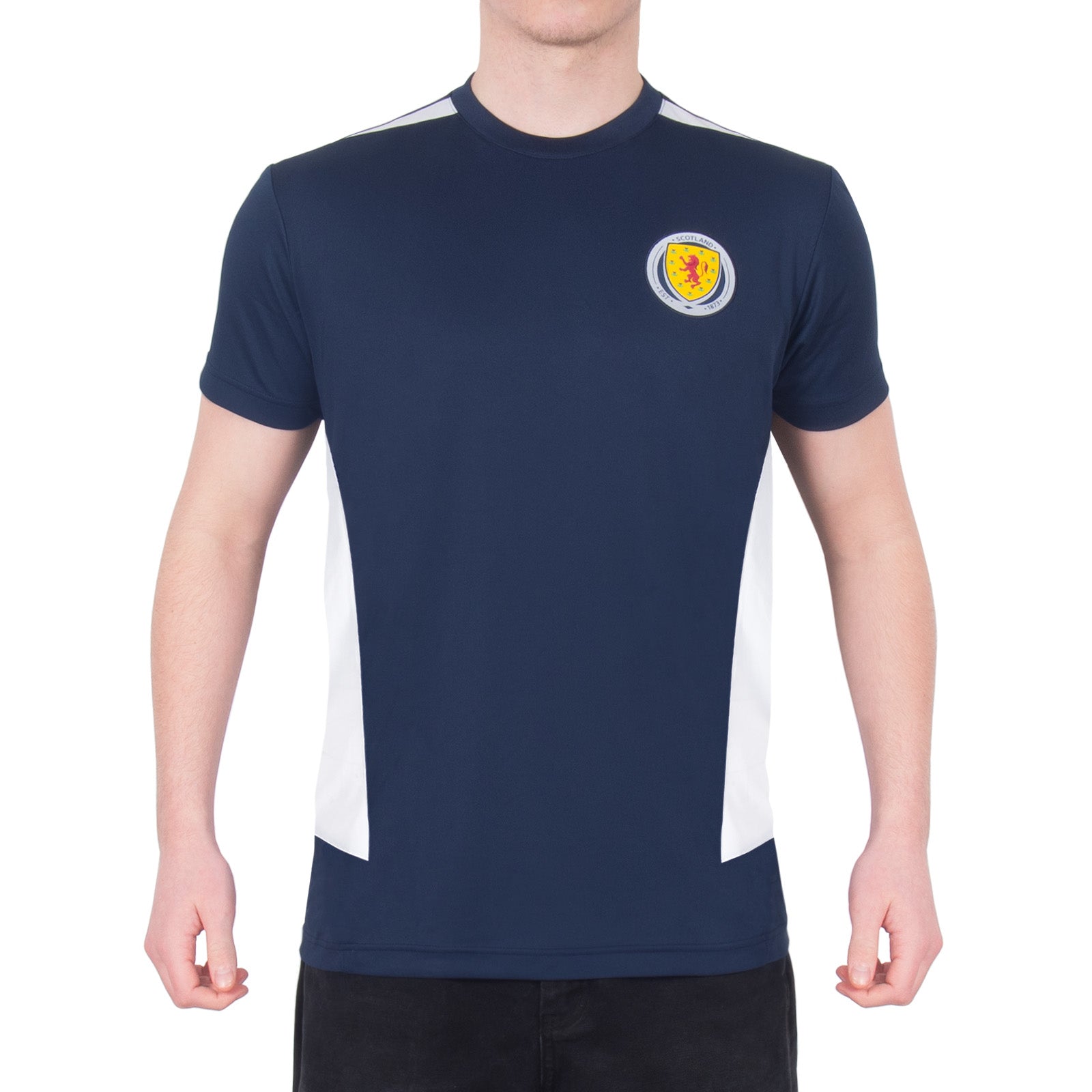 Scotland adults poly T-shirt in navy blue with national team crest to chest.