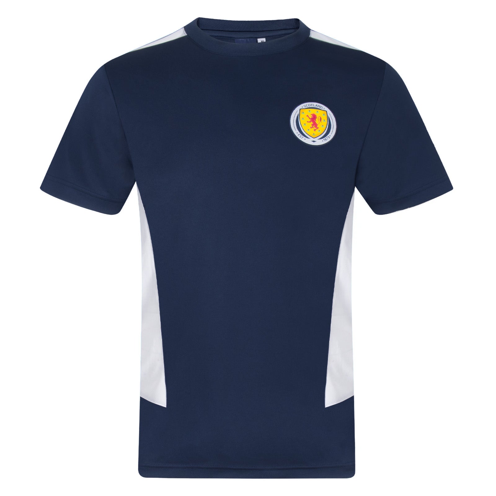 Scotland adults poly T-shirt in navy blue with national team crest to chest.