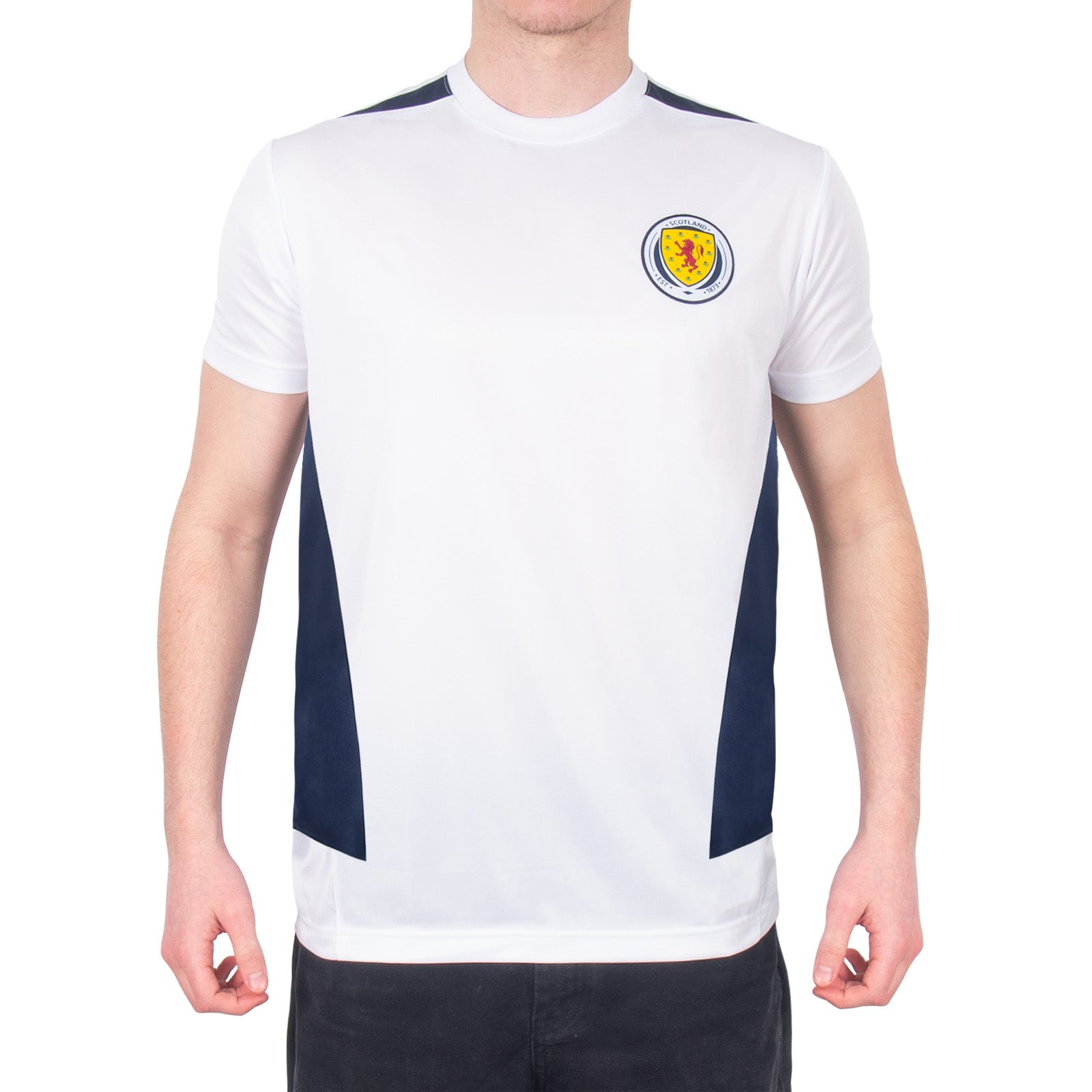 Scotland adults poly T-shirt in navy blue with national crest to chest.