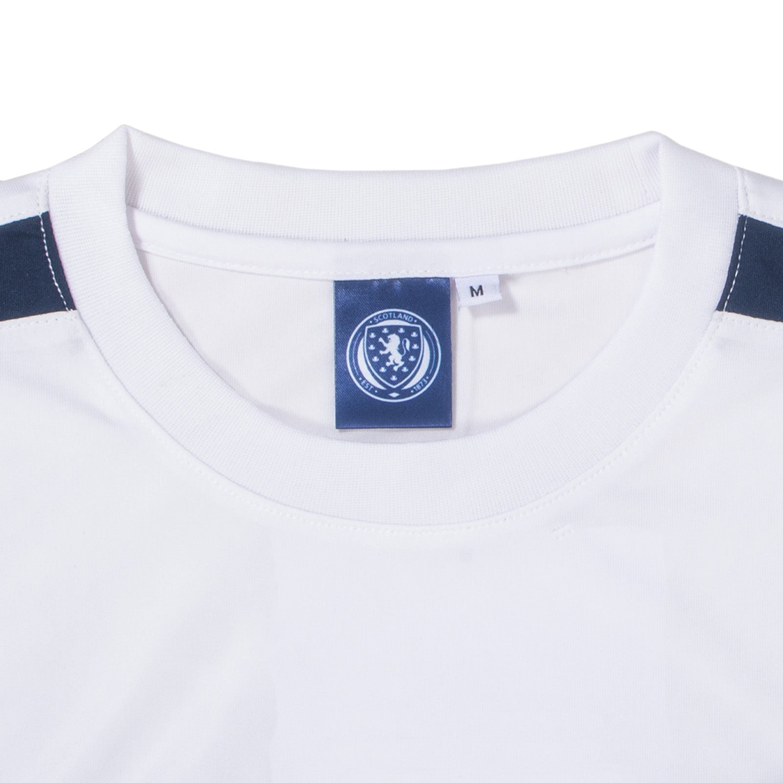 Scotland adults poly T-shirt in white with national team crest to chest.