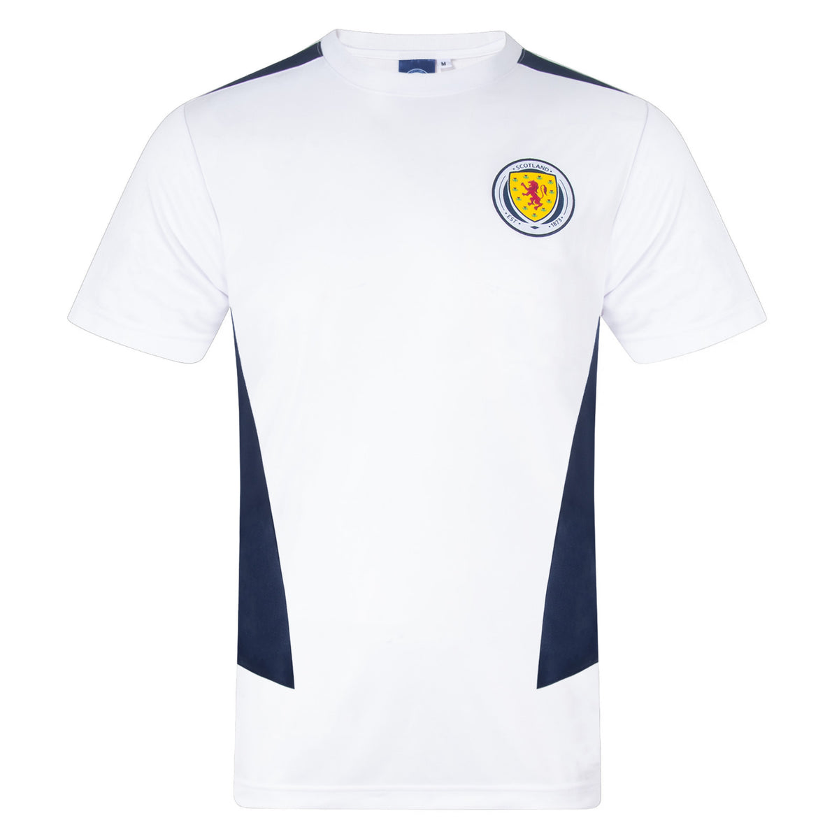 Scotland adults poly T-shirt in white with national team crest to chest.