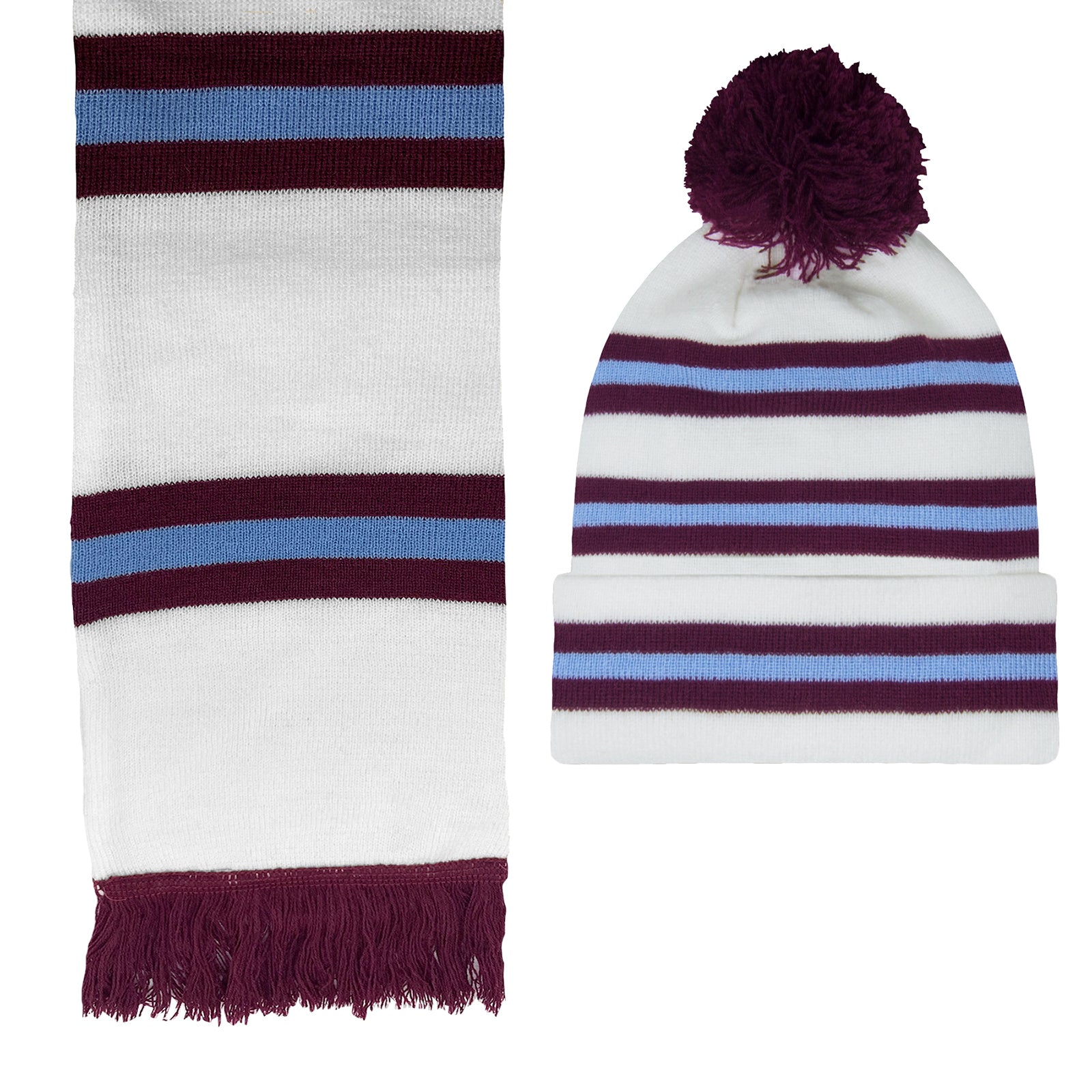 West Ham retro bobble hat & bar scarf set in white, claret & blue