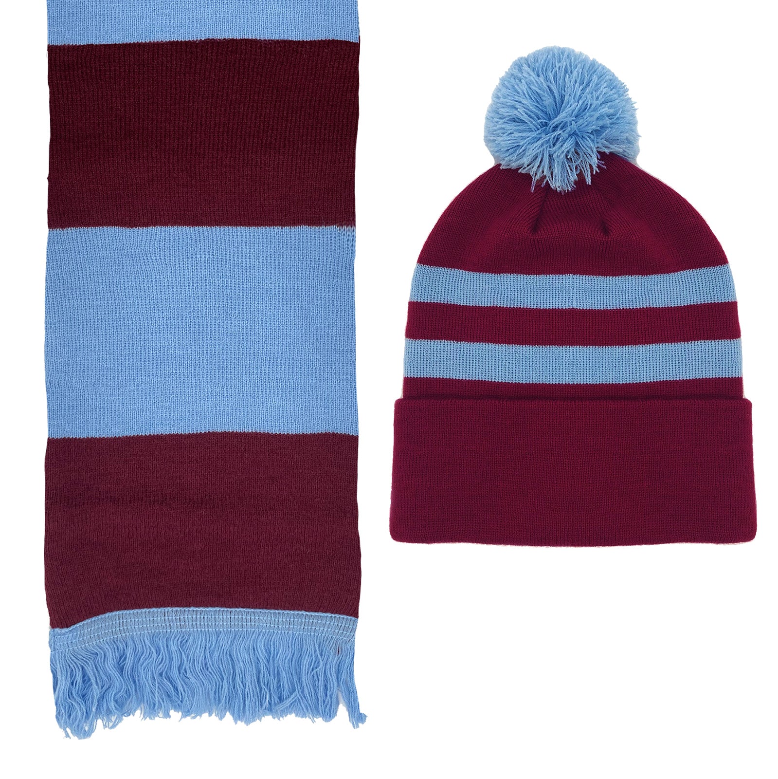 Aston Villa retro bobble hat & bar scarf set in claret & blue