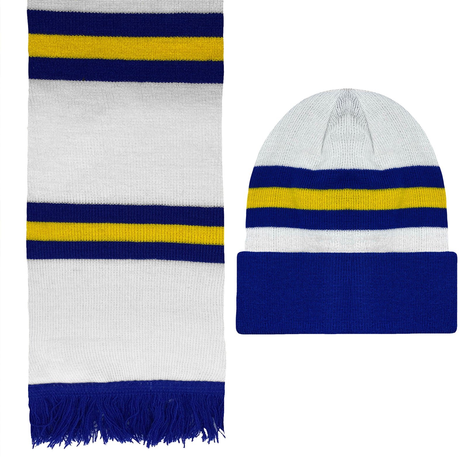 Leeds United retro beanie hat & bar scarf set in white, blue & yellow