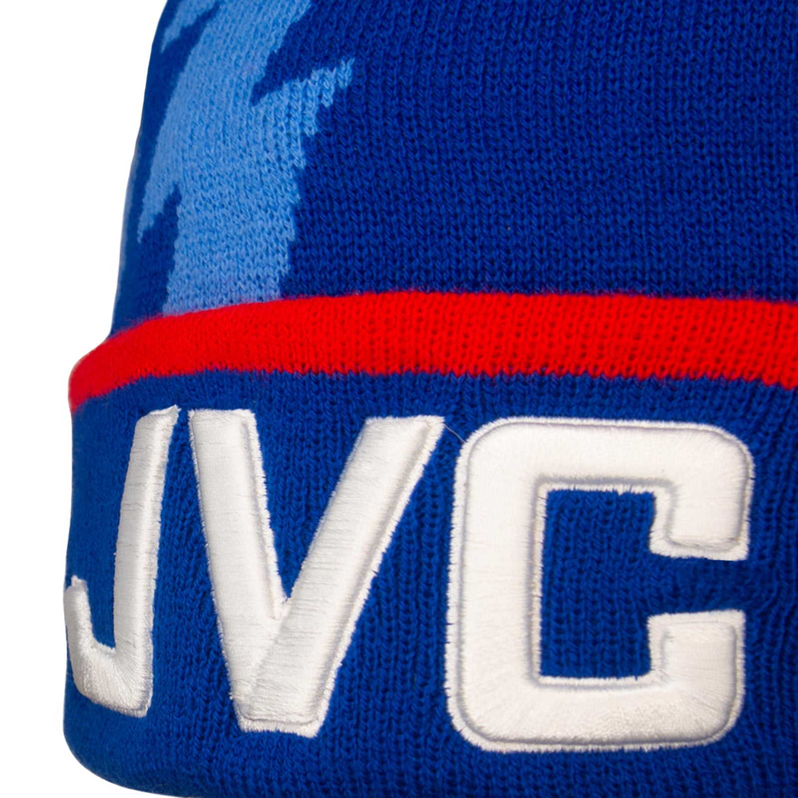 Arsenal retro knitted bobble hat in blue with text to front