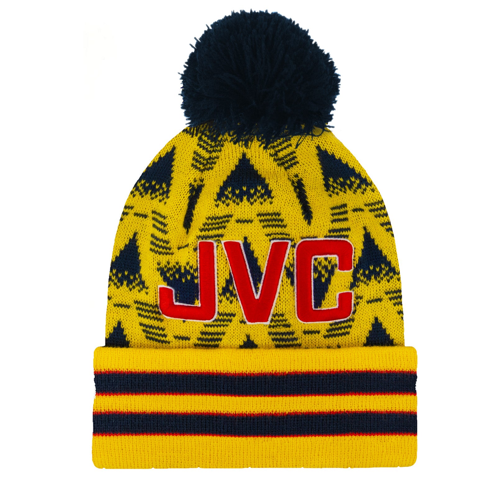 Arsenal retro knitted bobble hat in yellow with text to front