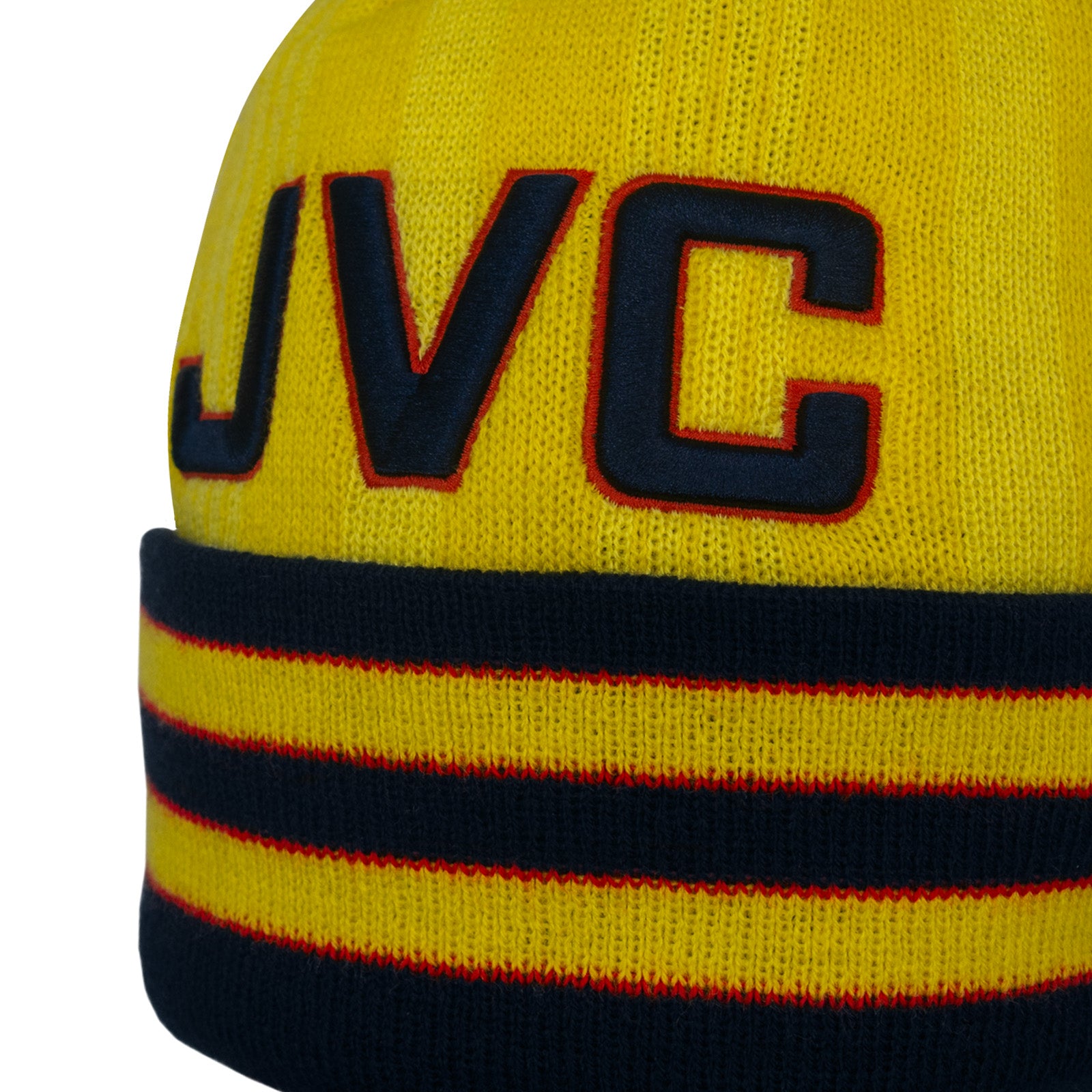 Arsenal retro knitted bobble hat in yellow with text to front