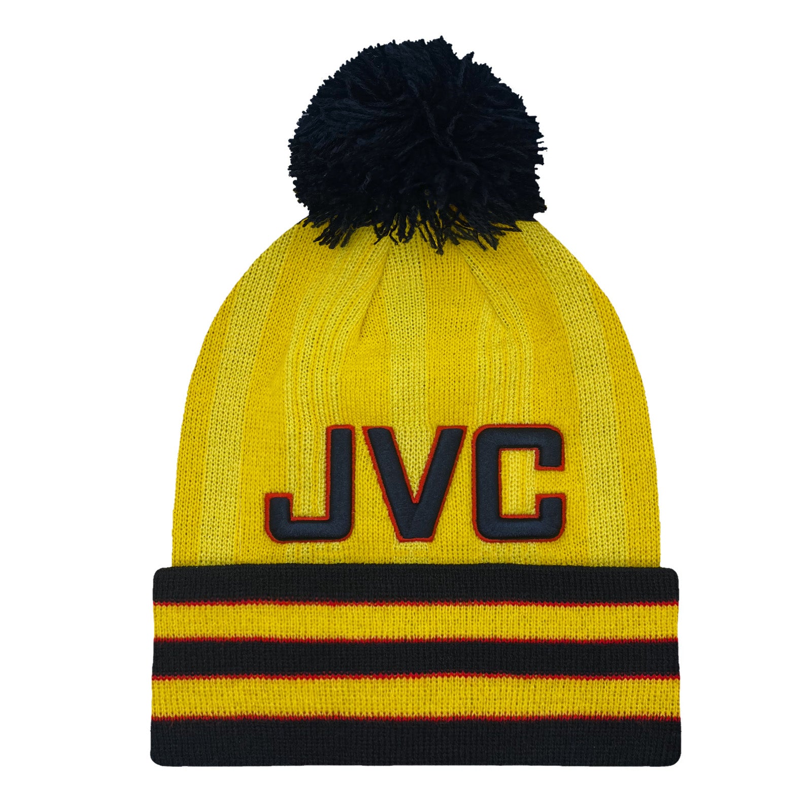 Arsenal retro knitted bobble hat in yellow with text to front