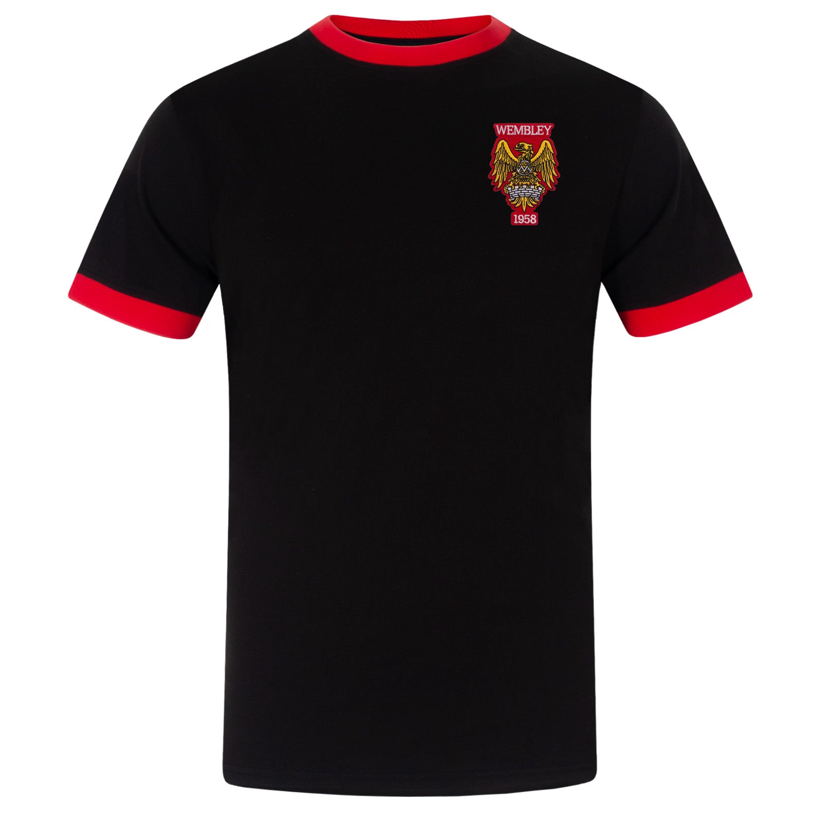 Man Utd adults retro T-shirt in black featuring Manchester and Wembley 58 crest
