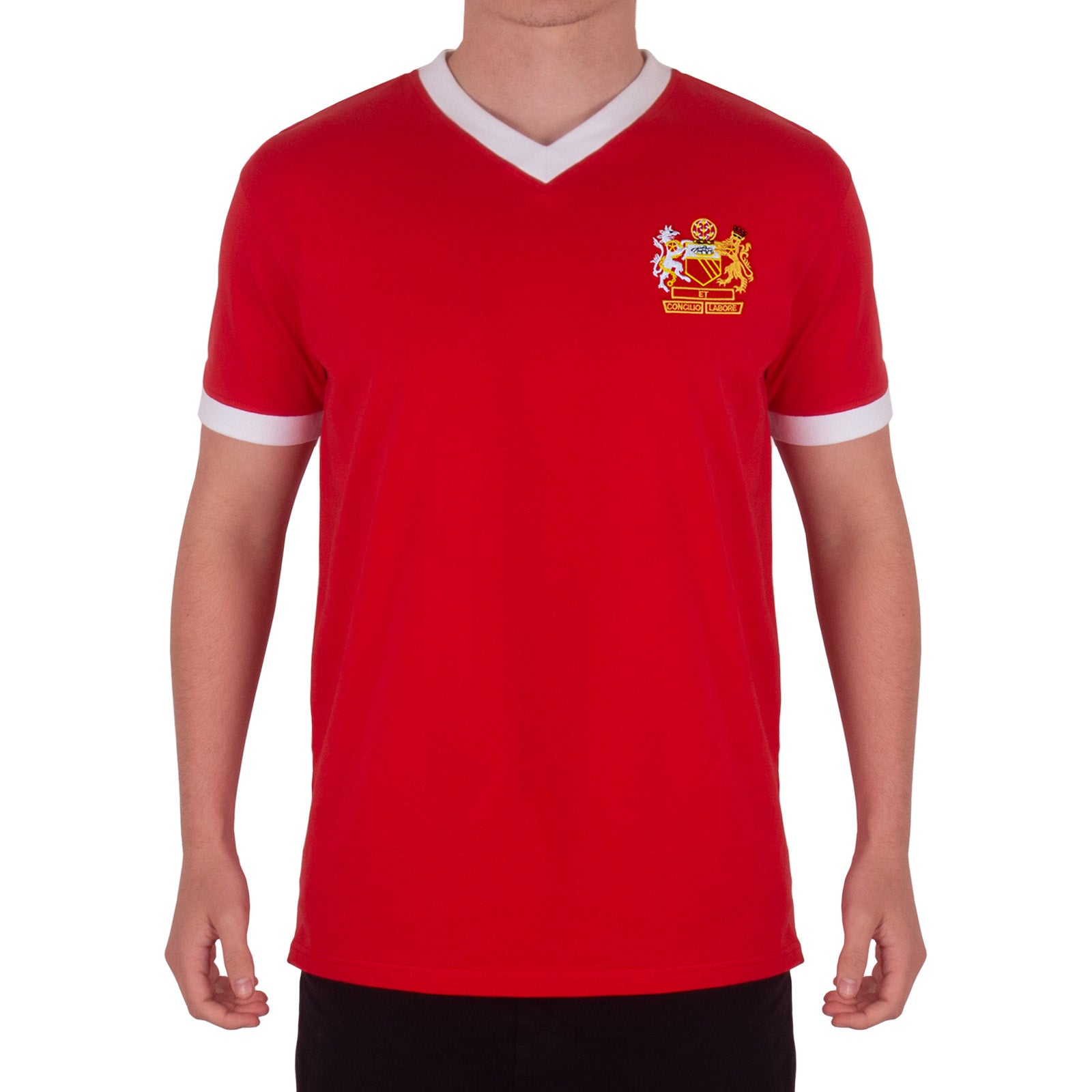 Man Utd adults retro T-shirt v-neck in Red featuring Manchester crest to front