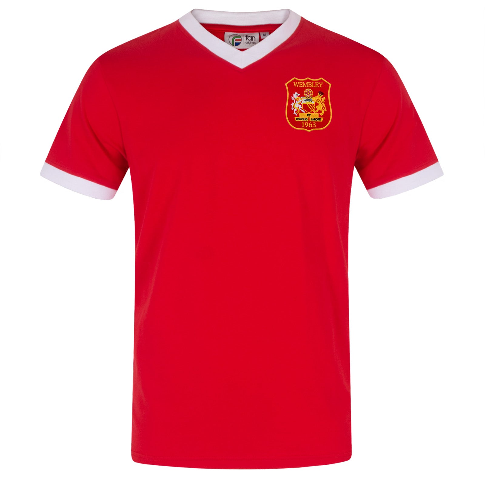 Man Utd adults retro T-shirt v-neck in Red featuring Manchester and Wembley 63 crest