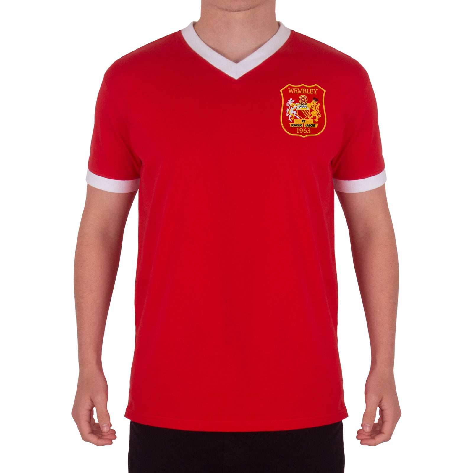Man Utd adults retro T-shirt v-neck in Red featuring Manchester and Wembley 63 crest