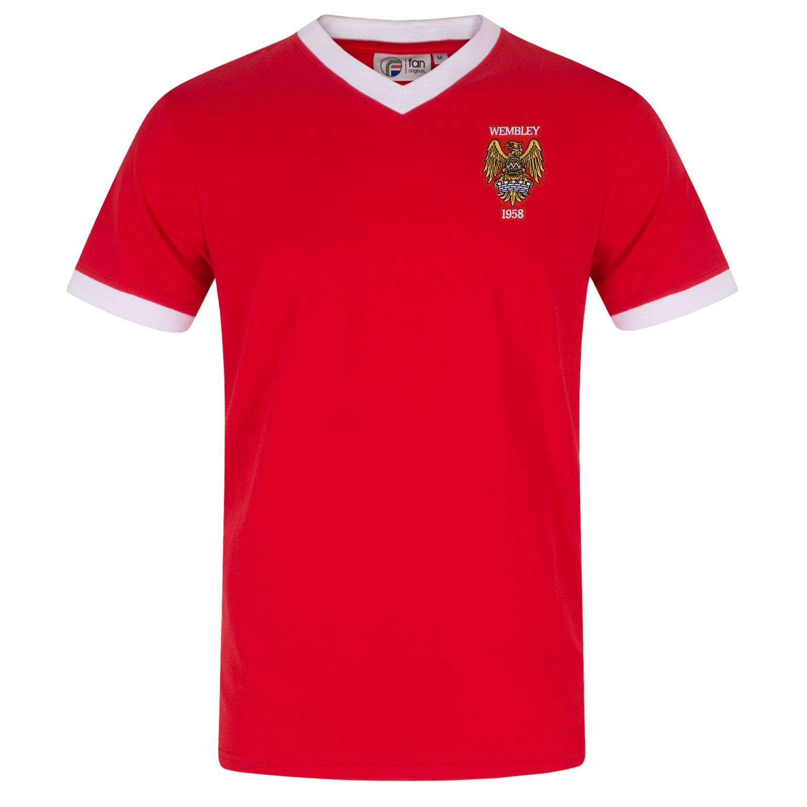 Man Utd adults retro T-shirt v-neck in Red featuring Manchester and Wembley 58 crest