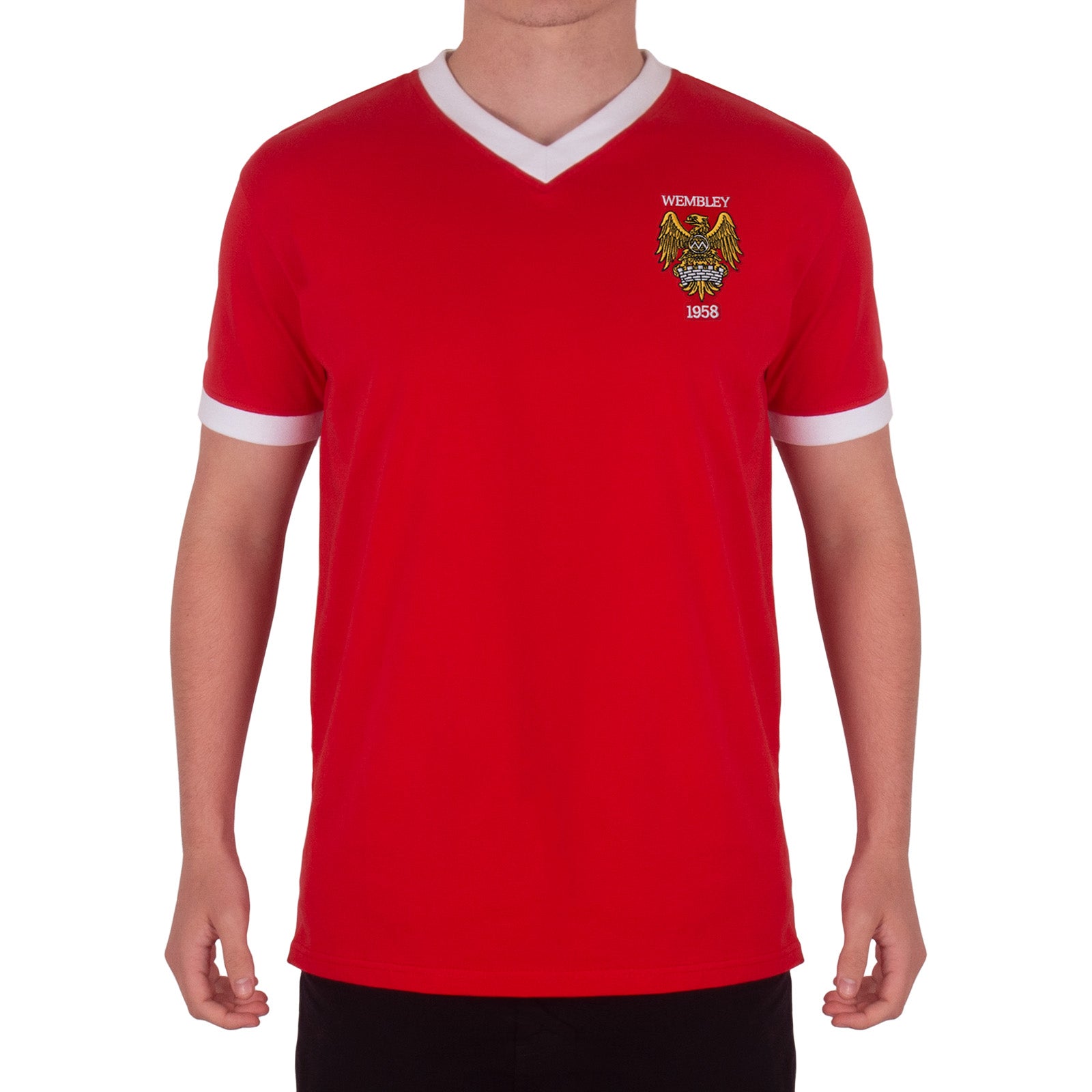 Man Utd adults retro T-shirt v-neck in Red featuring Manchester and Wembley 58 crest