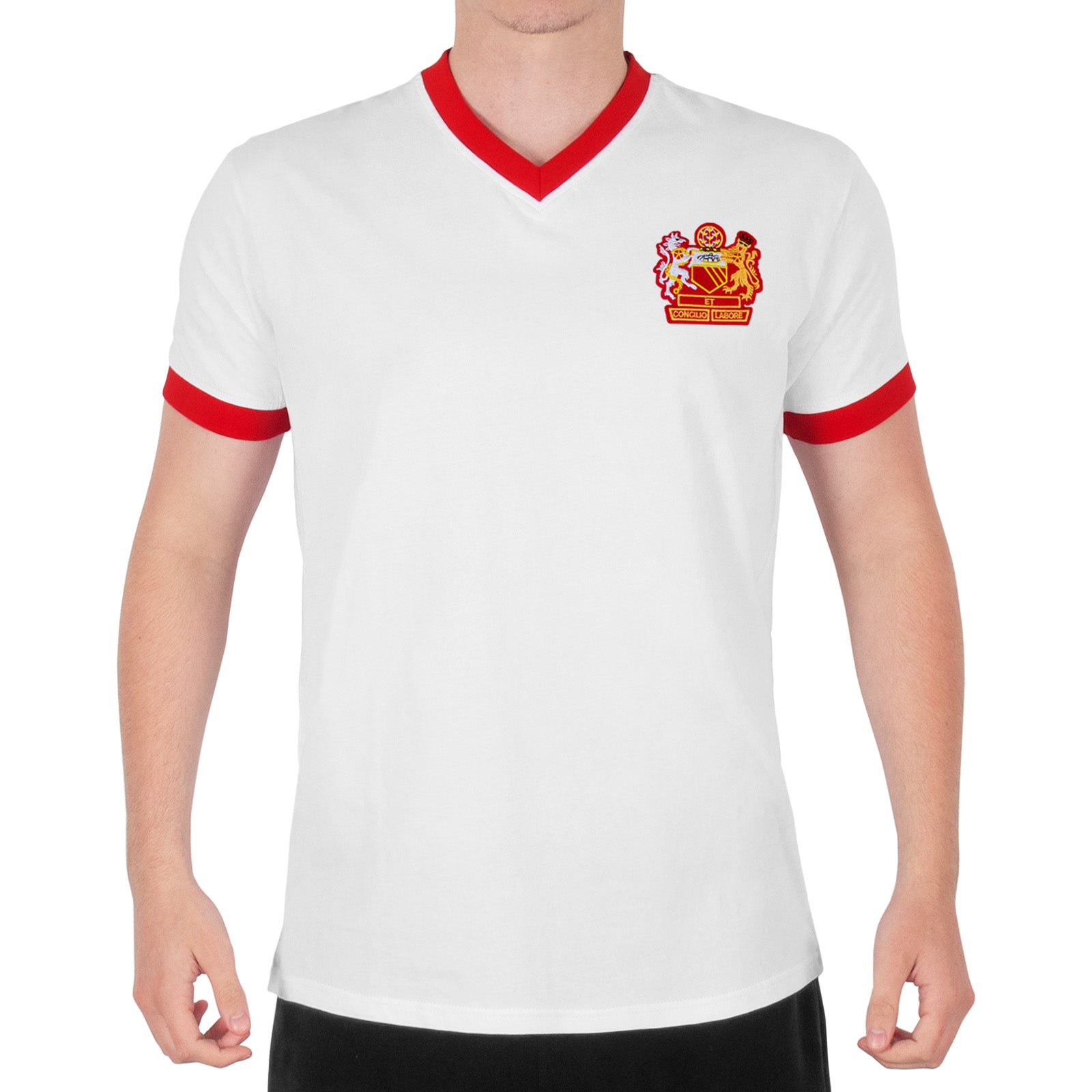 Man Utd adults retro T-shirt v-neck in white featuring Manchester crest to front