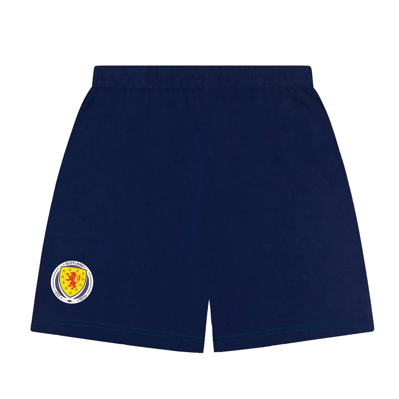 Scotland kids short pyjamas in navy blue. Short sleeved top & shorts with Scotland crest & text print