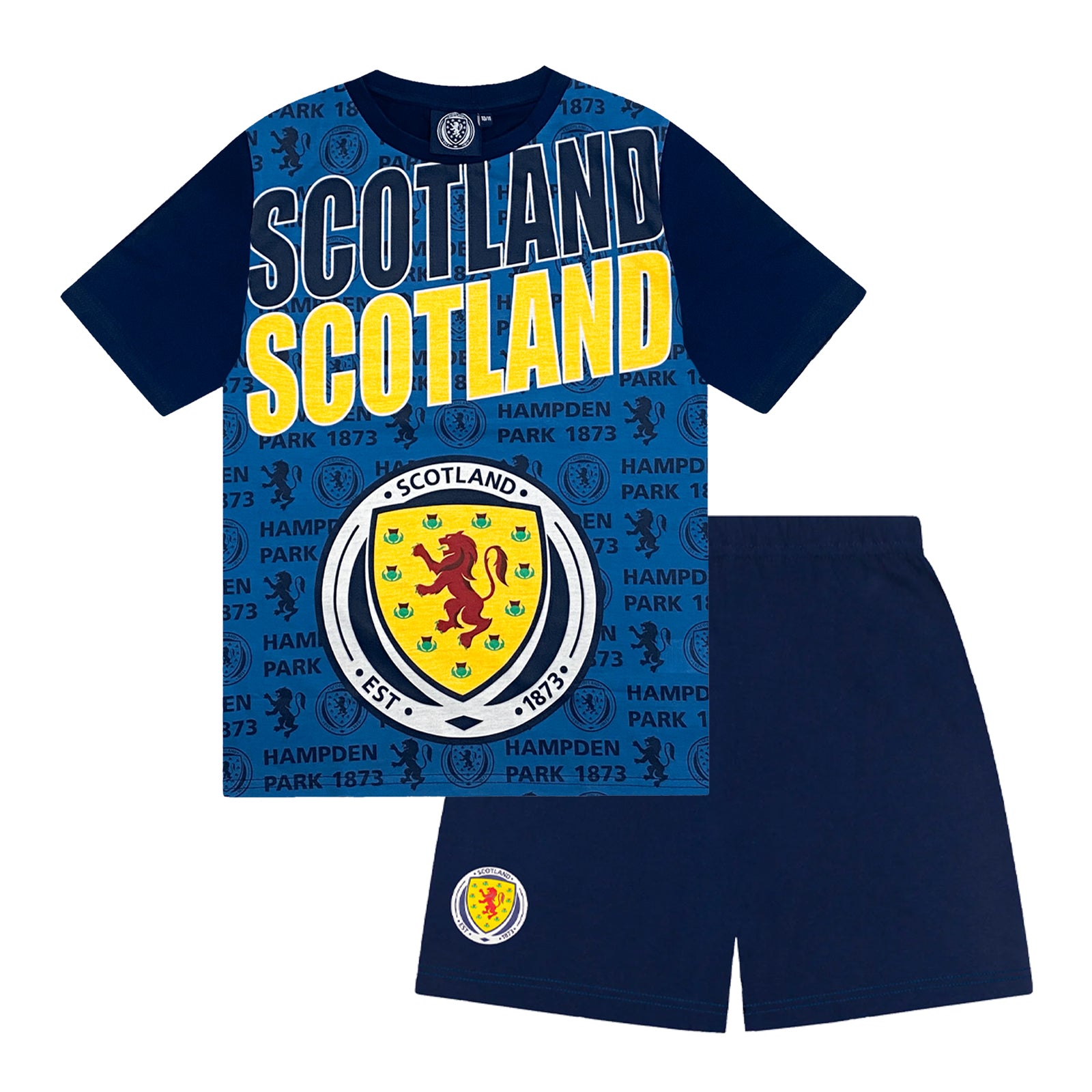 Scotland kids short pyjamas in navy blue. Short sleeved top & shorts with Scotland crest & text print