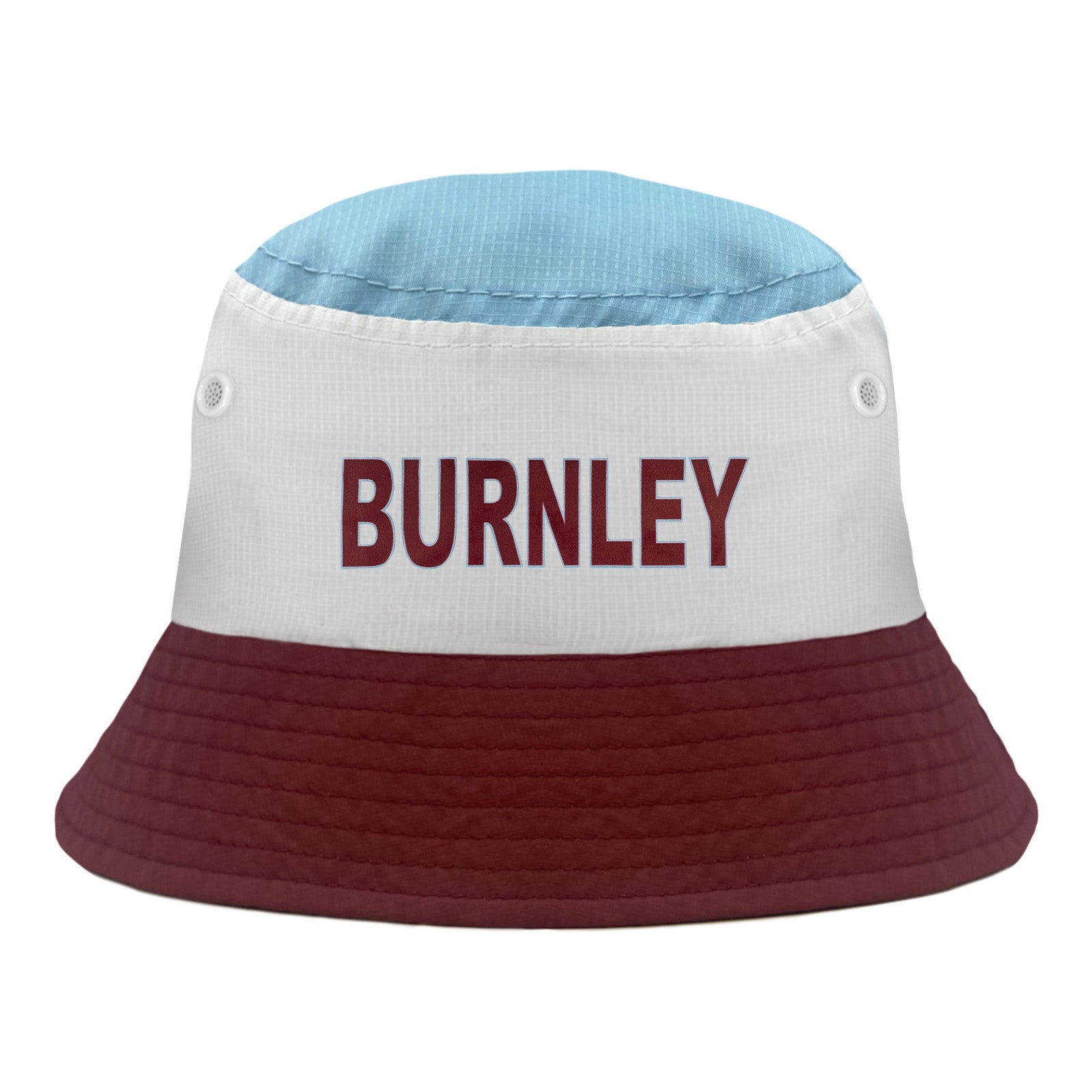 Burnley bucket hat in claret, white & blue with text