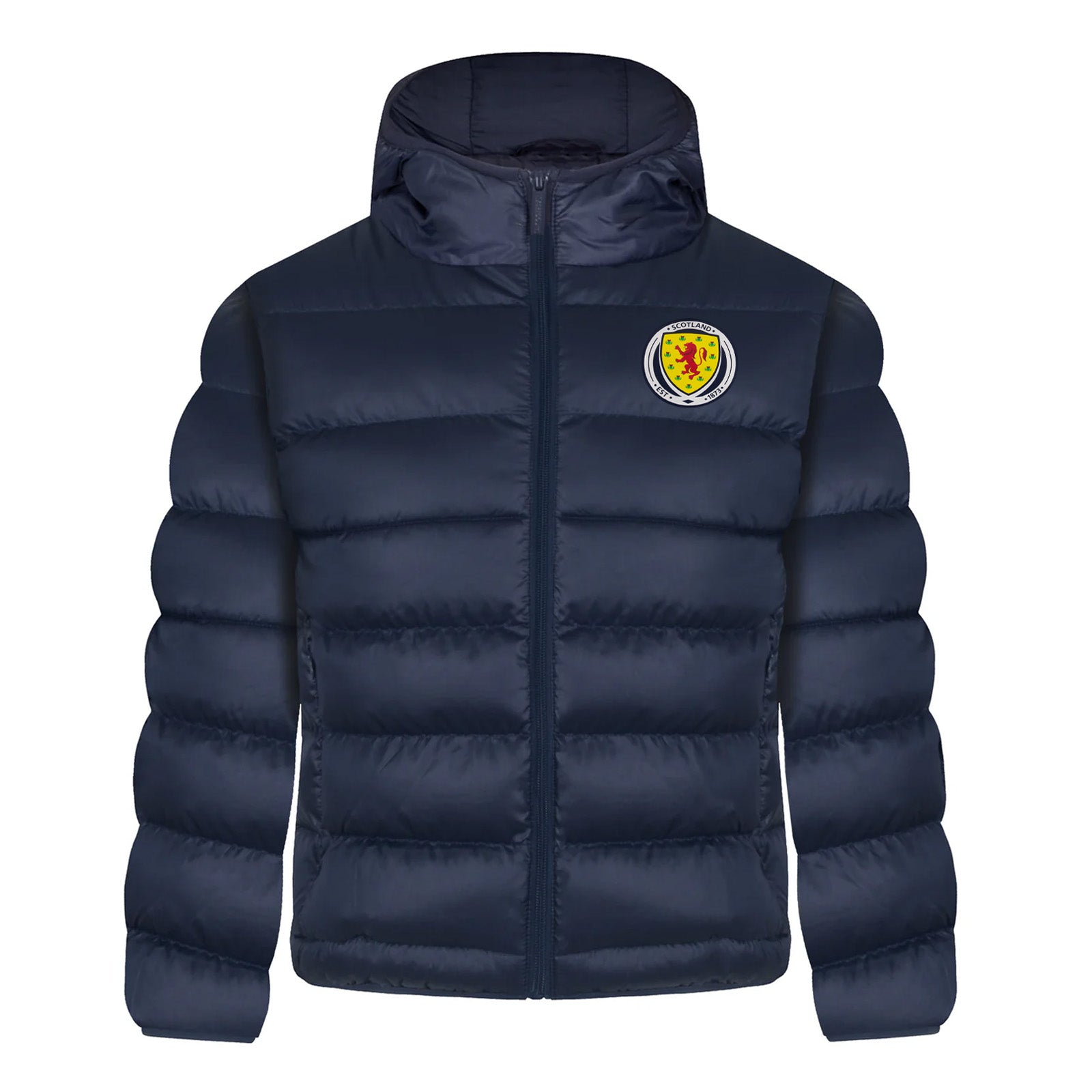 Scotland kids quilted jacket in navy blue with national team crest print to chest.