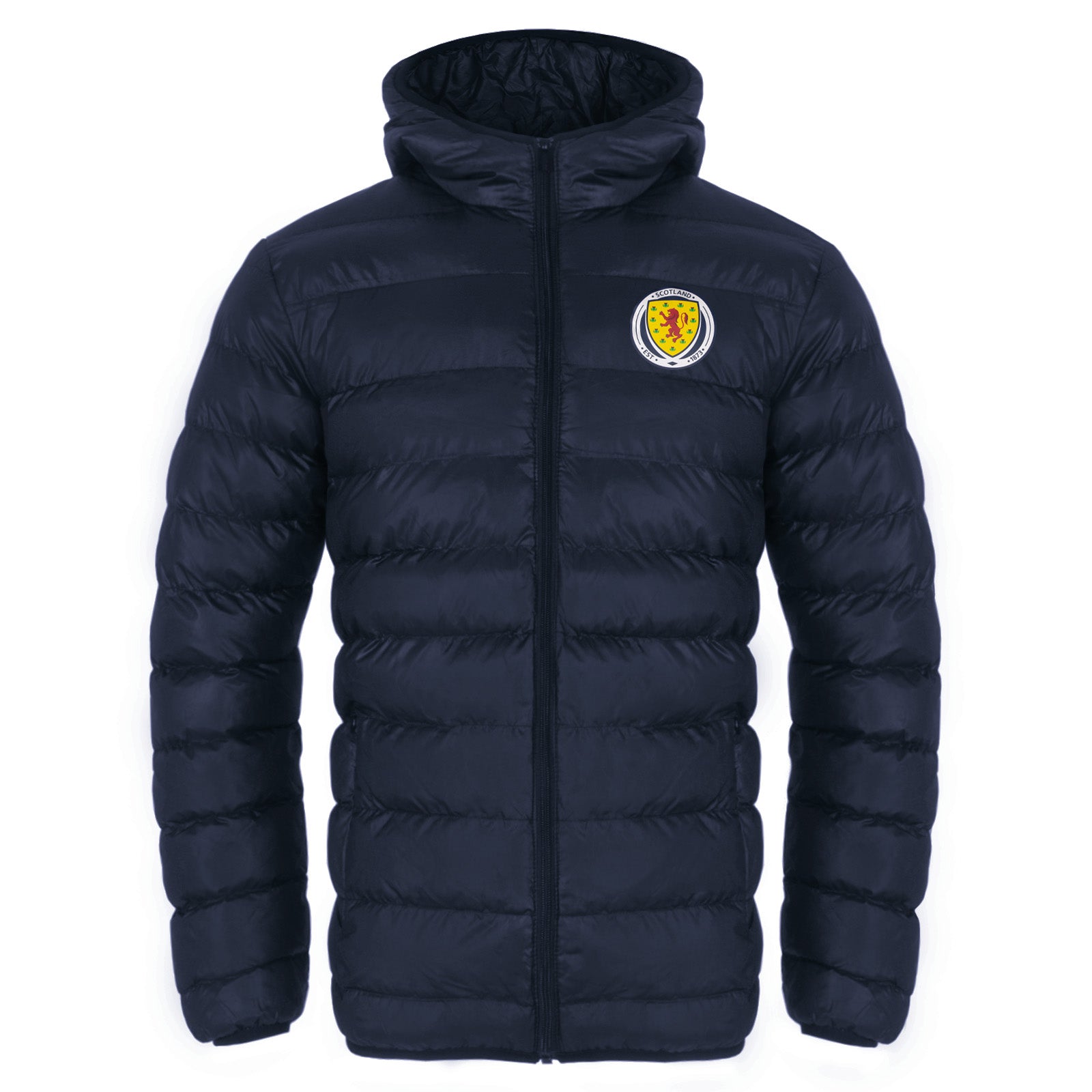 Scotland adults quilted jacket in navy blue with national team crest print to chest.