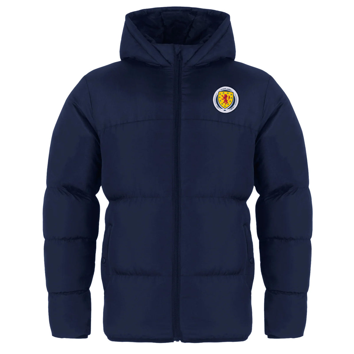 Scotland adults quilted jacket in navy blue with national team crest print to chest.