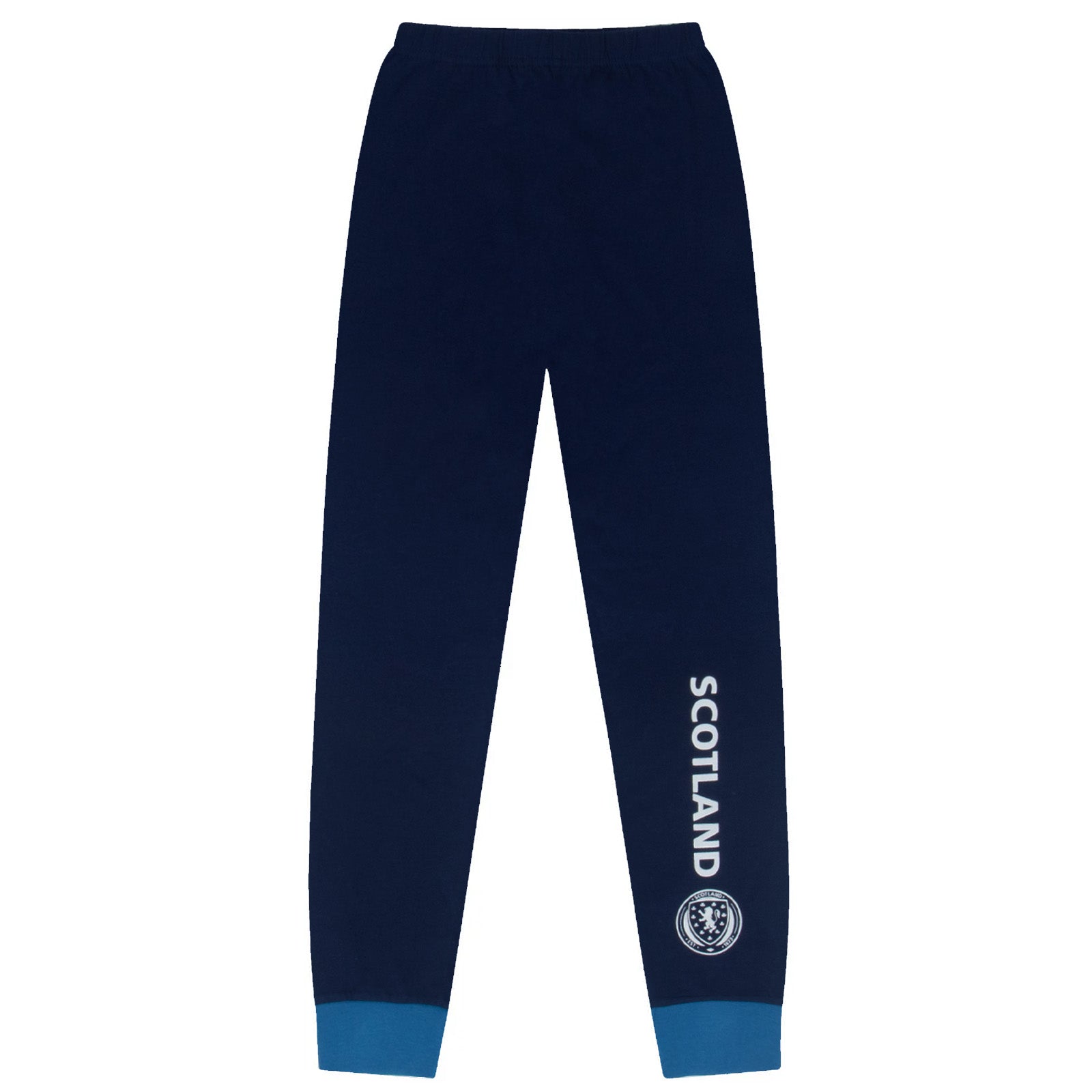 Scotland adults long pyjamas in navy blue. Long sleeved top with graphic print and long bottoms