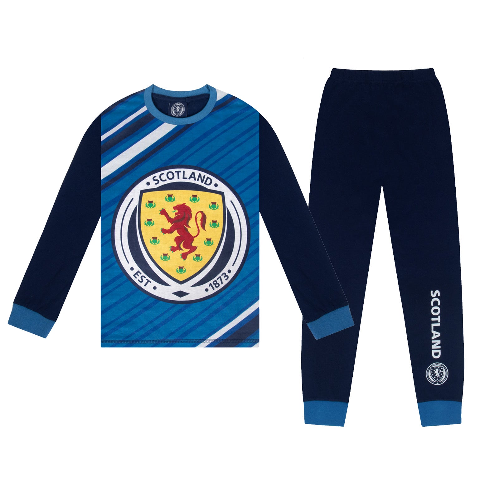 Scotland adults long pyjamas in navy blue. Long sleeved top with graphic print and long bottoms