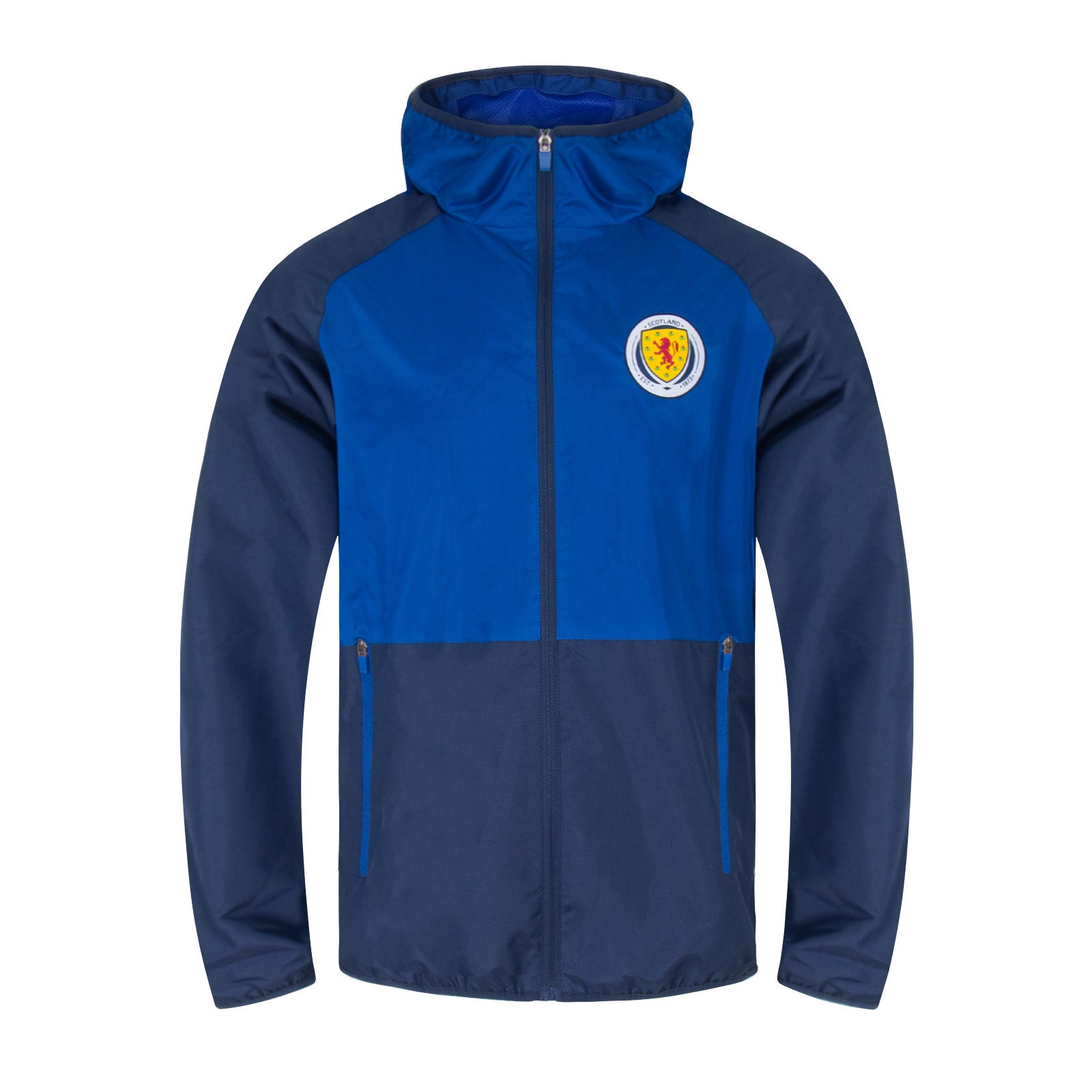 Scotland adults shower jacket in navy blue with national team crest to chest.